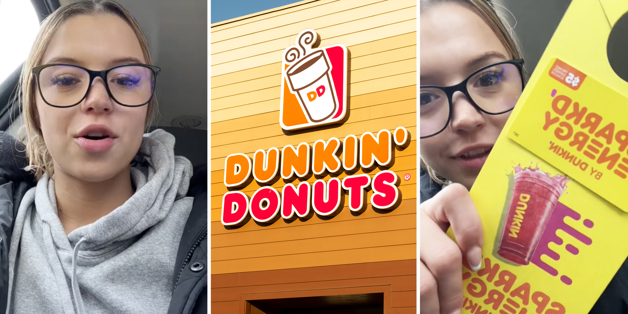 Woman talking(l), Dunkin Donuts(c), Woman with coupon(r)