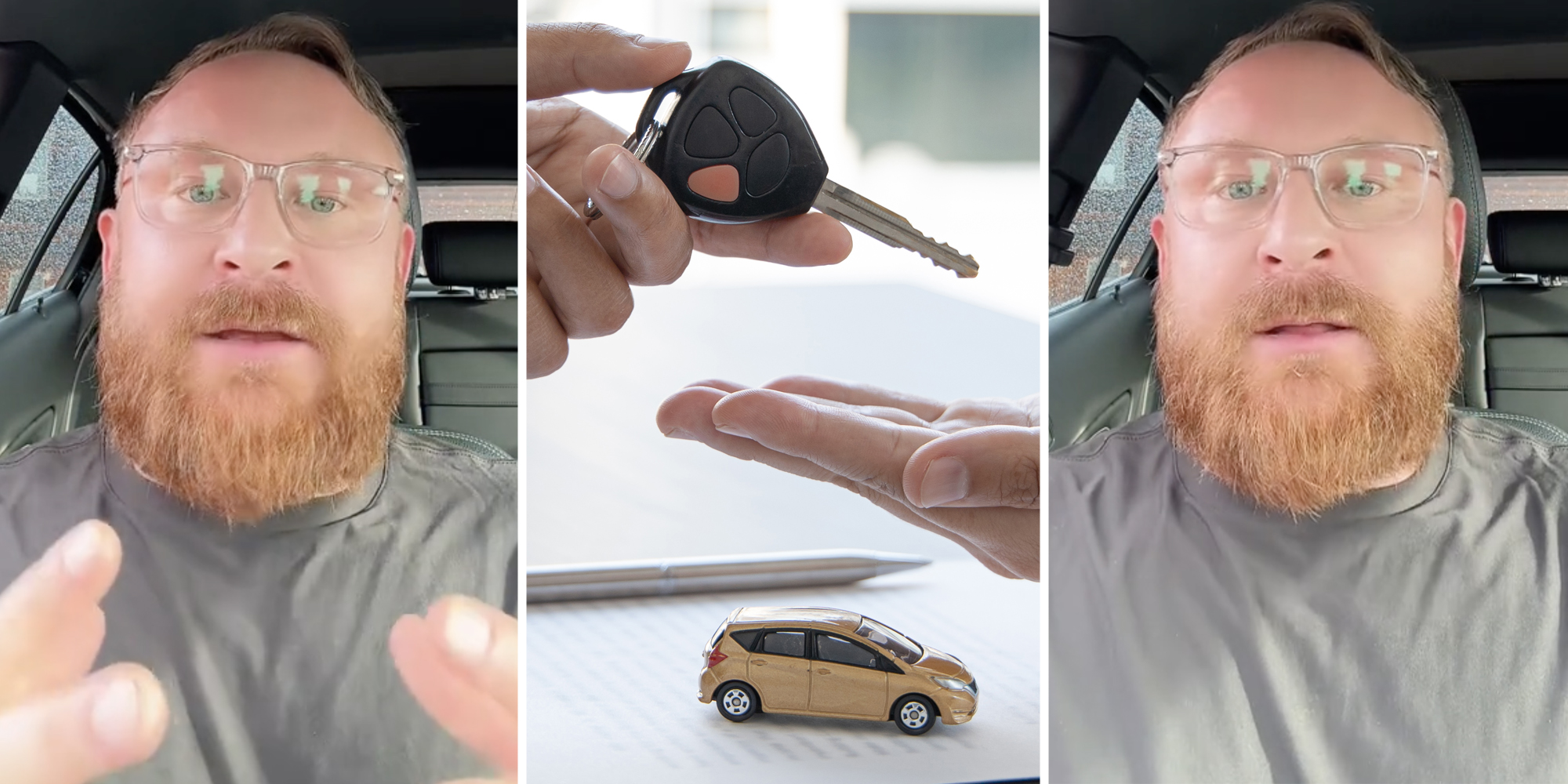 Man talking(l+r), Hands passing keys with little car underneath(c)