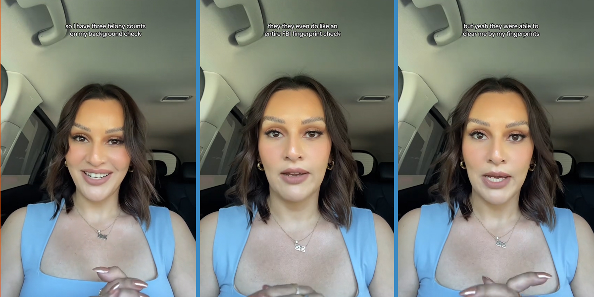 woman speaking in car with caption "so I have three felony counts on my background check" (l) woman speaking in car with caption "they they even do like an entire FBI fingerprint check" (c) woman speaking in car with caption "but yeah they were able to clear me by my fingerprints" (r)