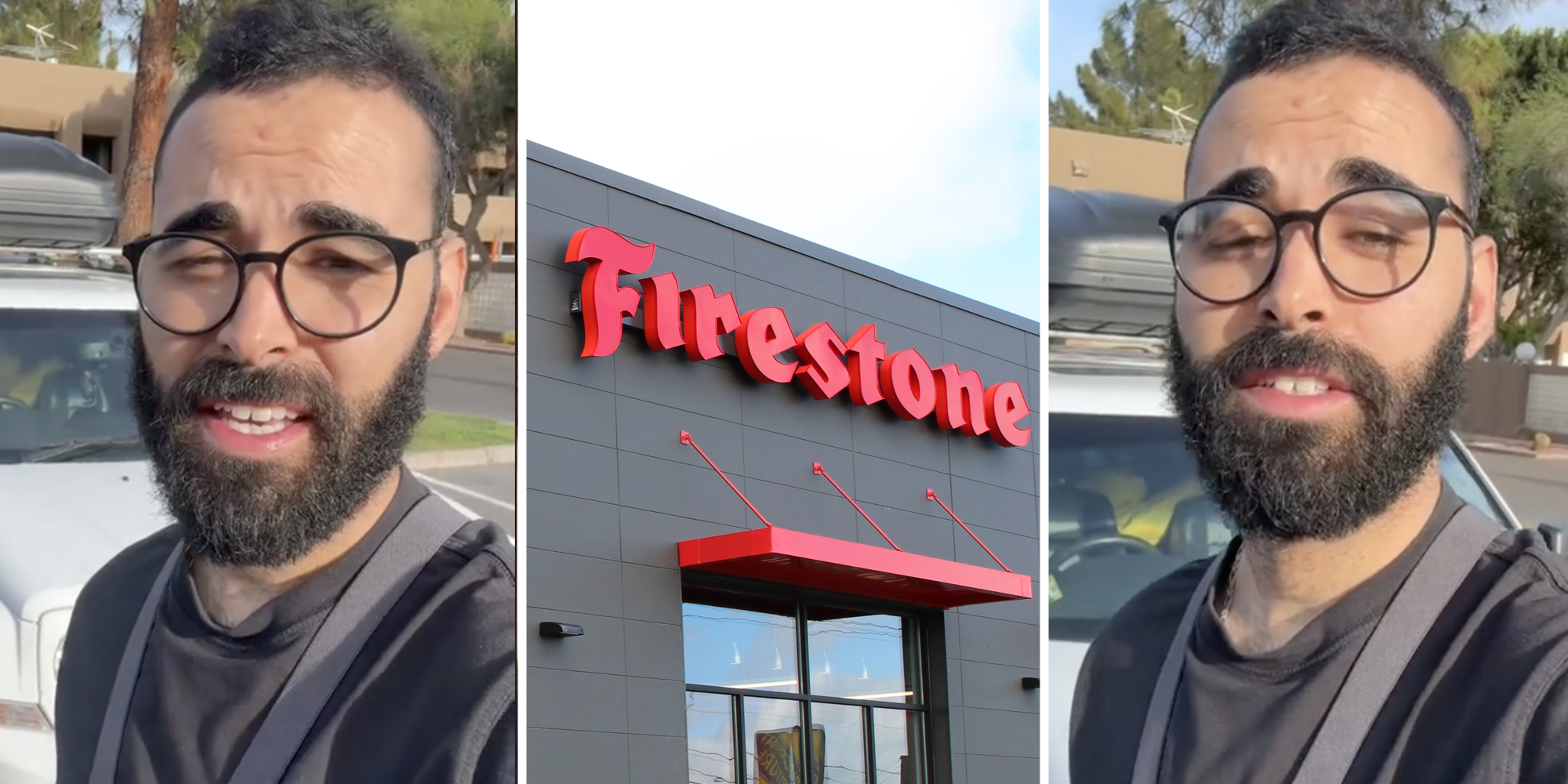 Man talking(l+r), Firestone tires(c)