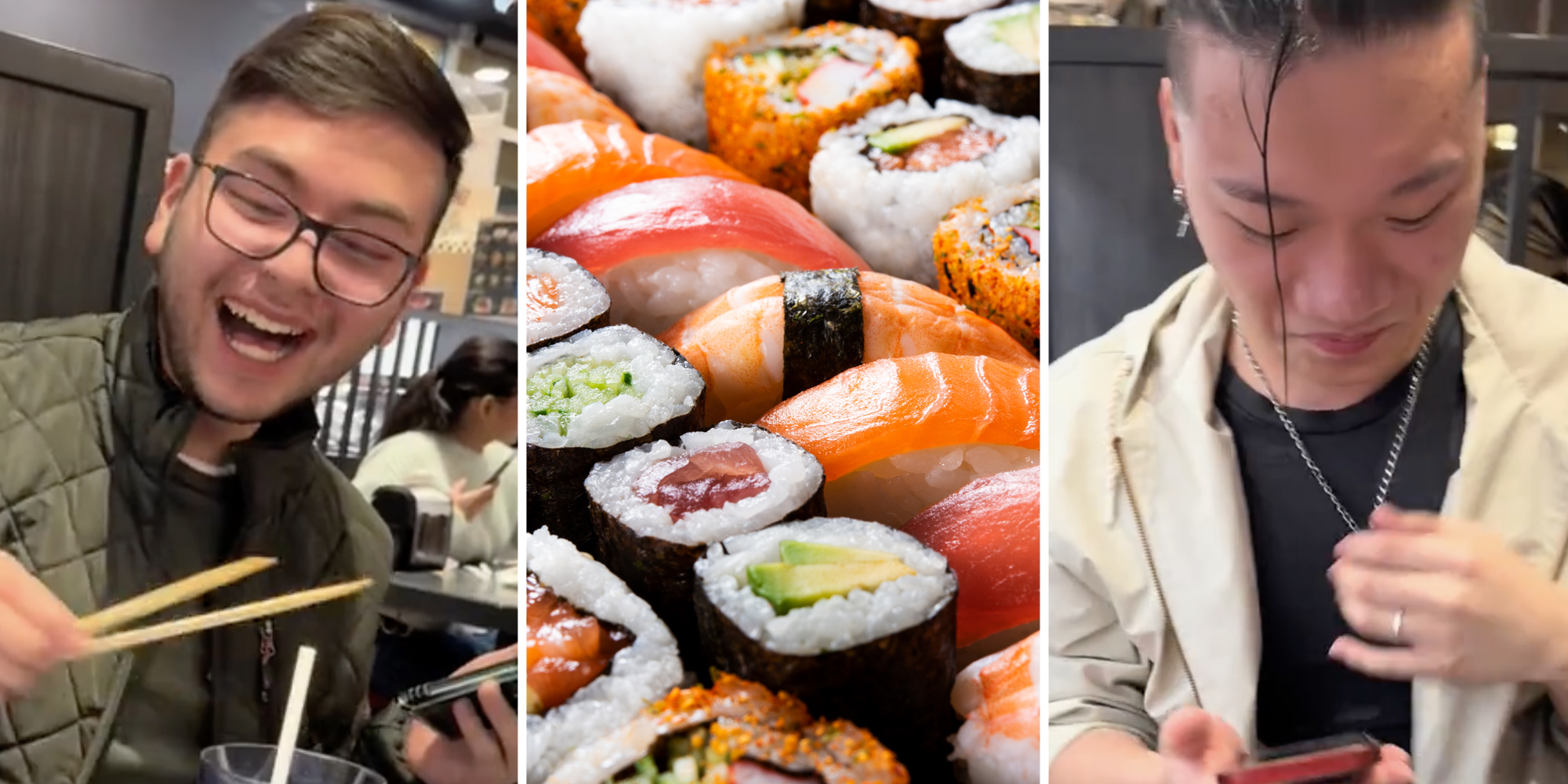 Men laughing(l+r), Sushi platter(c)