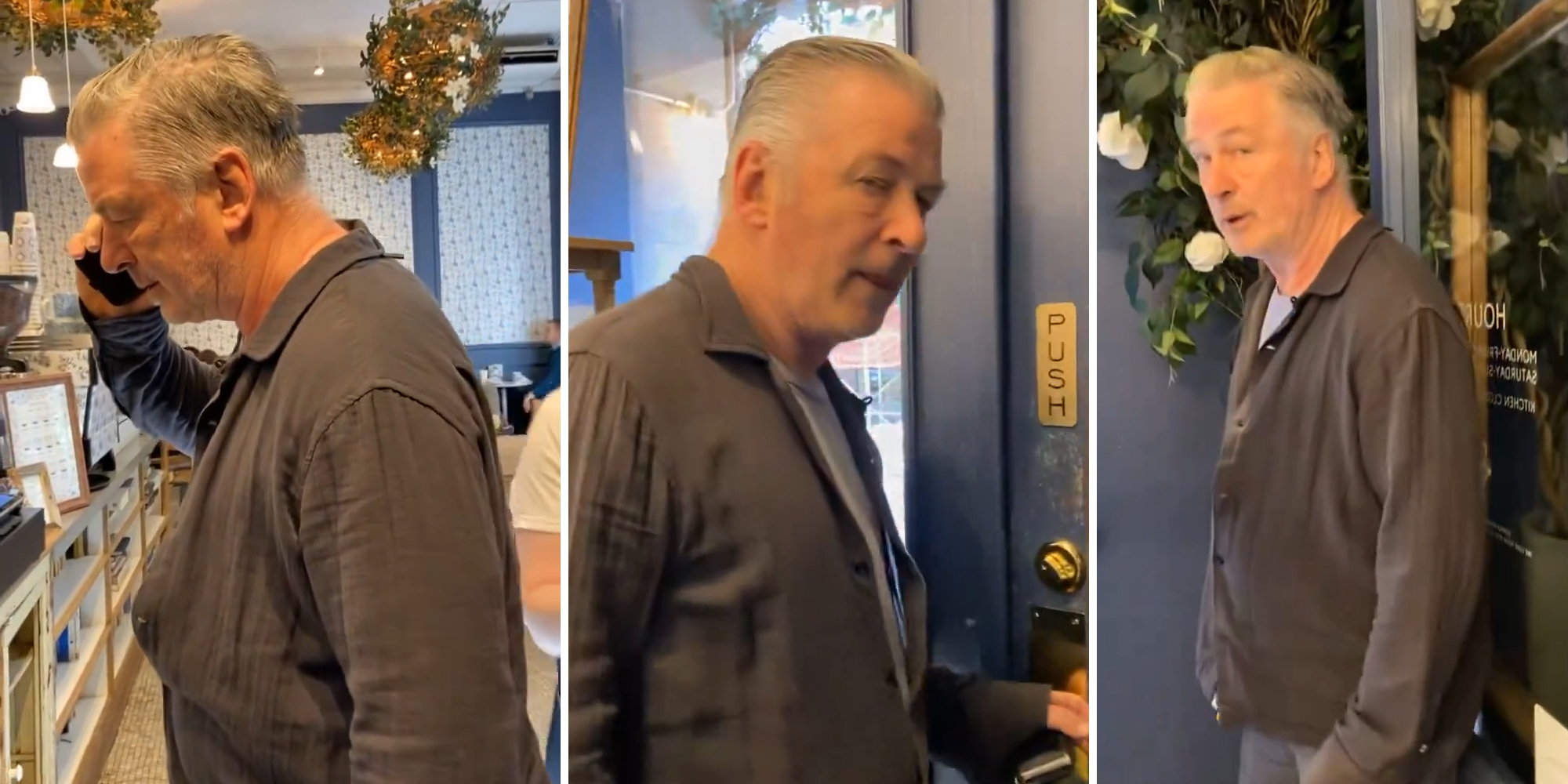 Alec Baldwin on phone in coffee shop