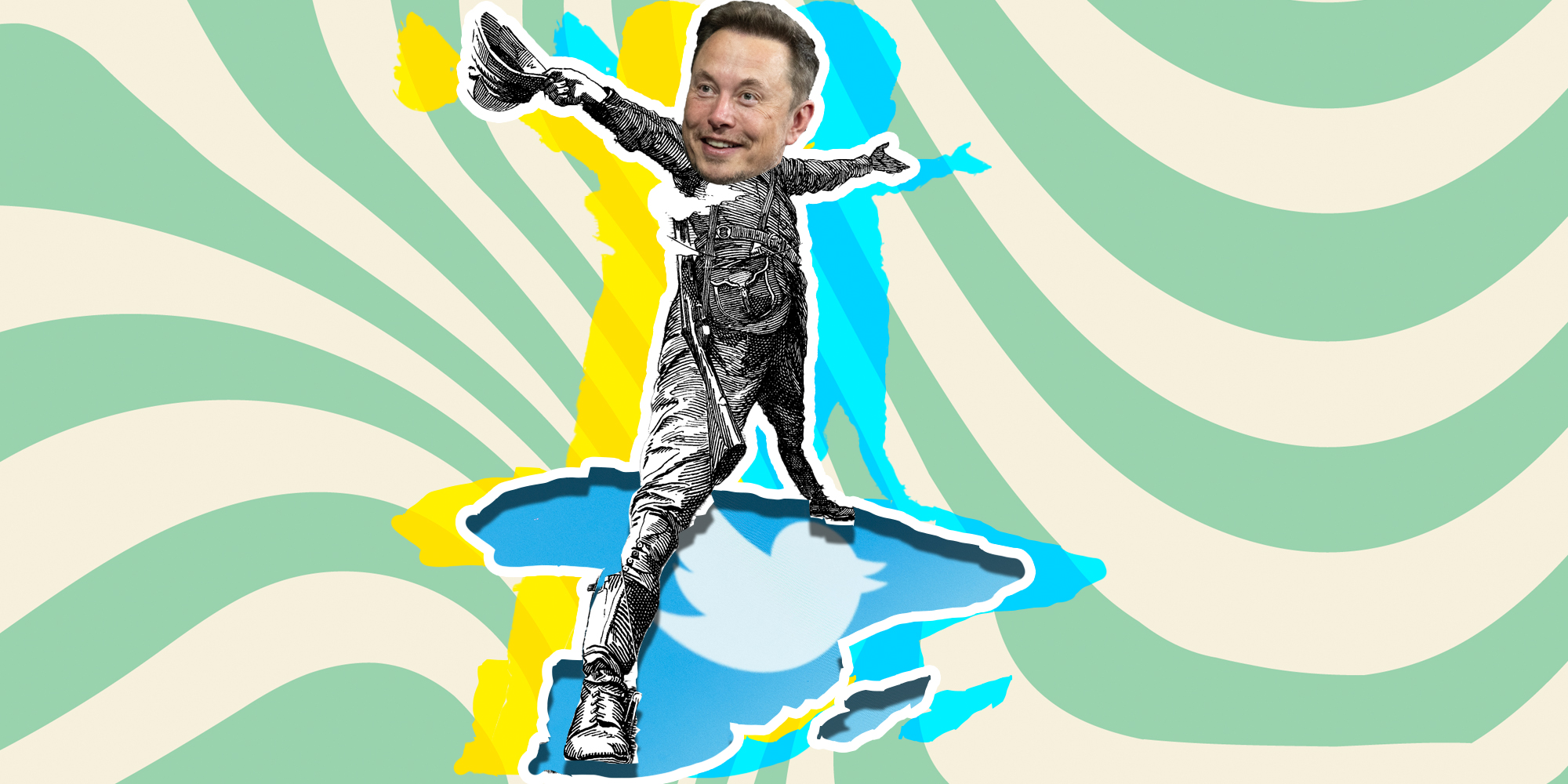 Elon musk on illustrated body and twitter logo as africa