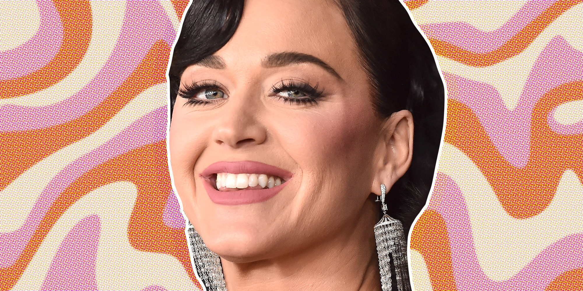 Katy Perry in front of graphic background