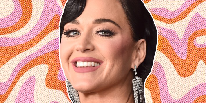 Katy Perry in front of graphic background