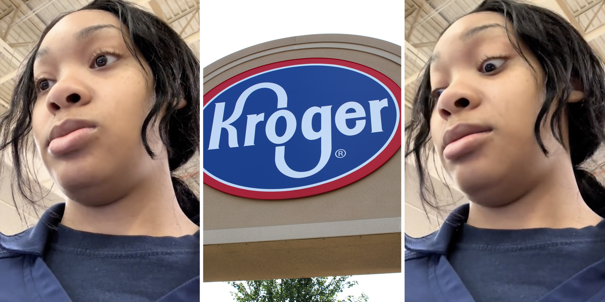 Woman looking suspect(l+r), Kroger sign(c)