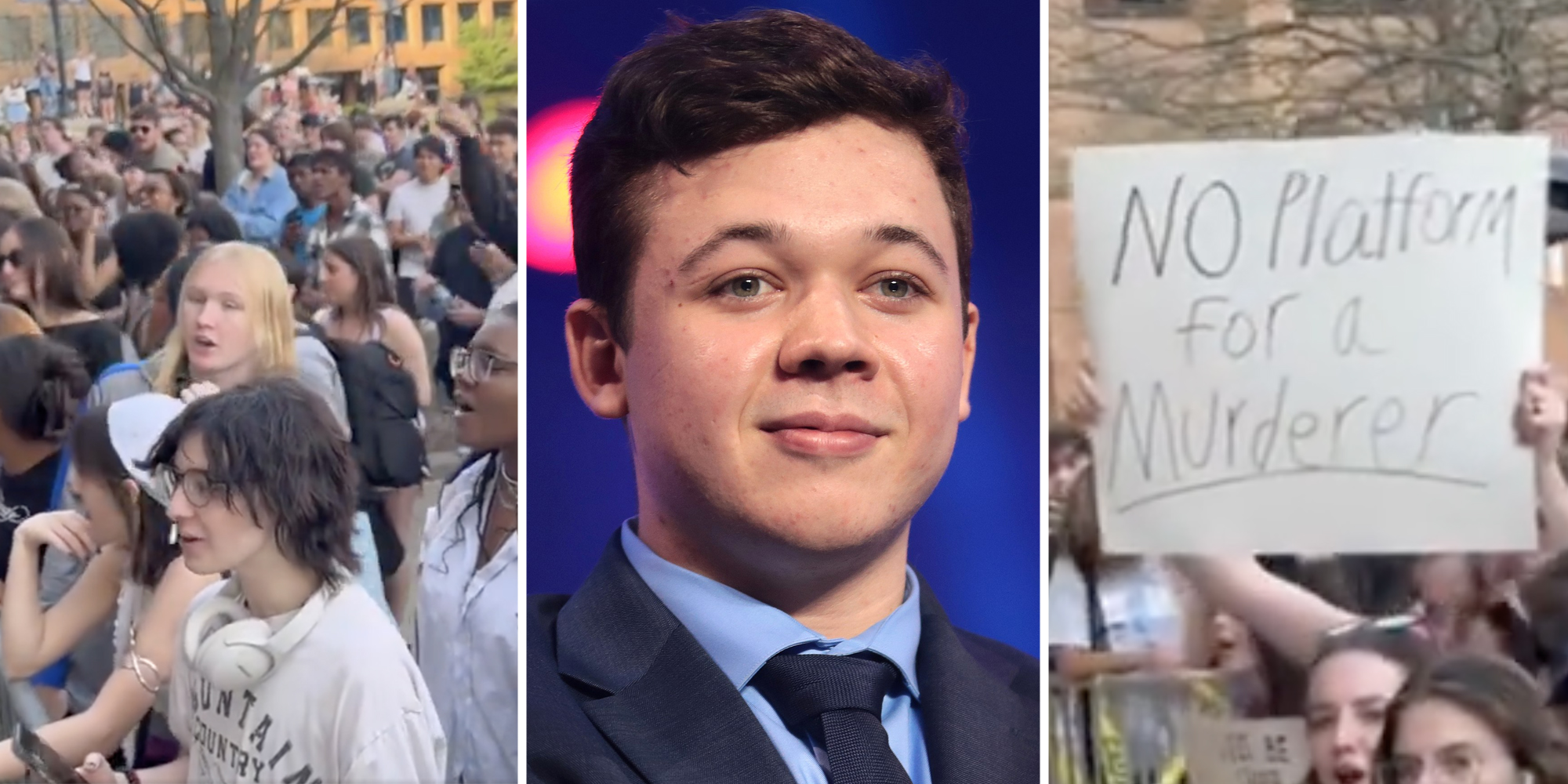 Protestors at kent state(l), Kyle Rittenhouse(c), Sign that says "no platform for a murderer"(r)