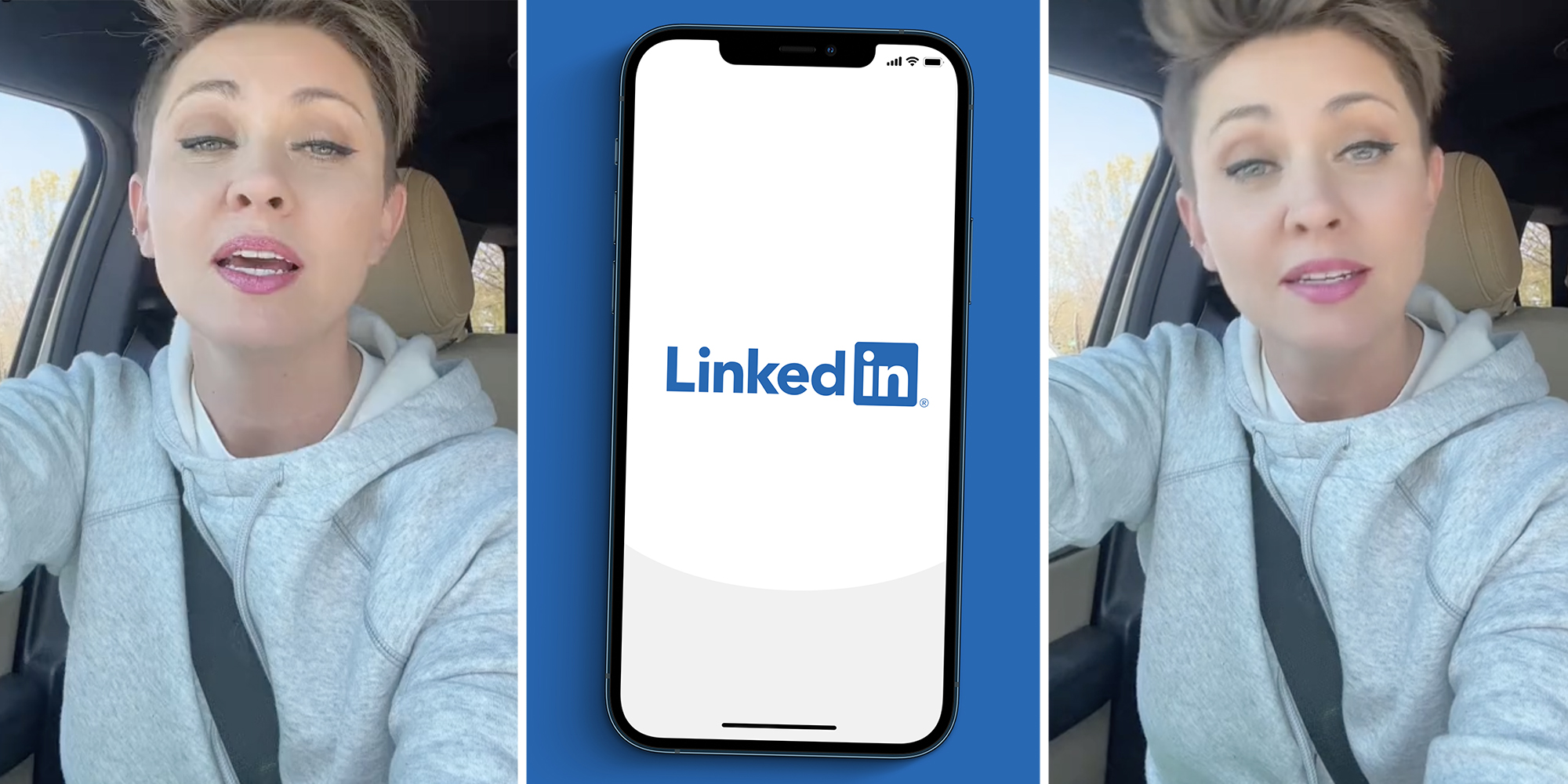 Woman talking(l+r), Phone with Linkedin app open(c)