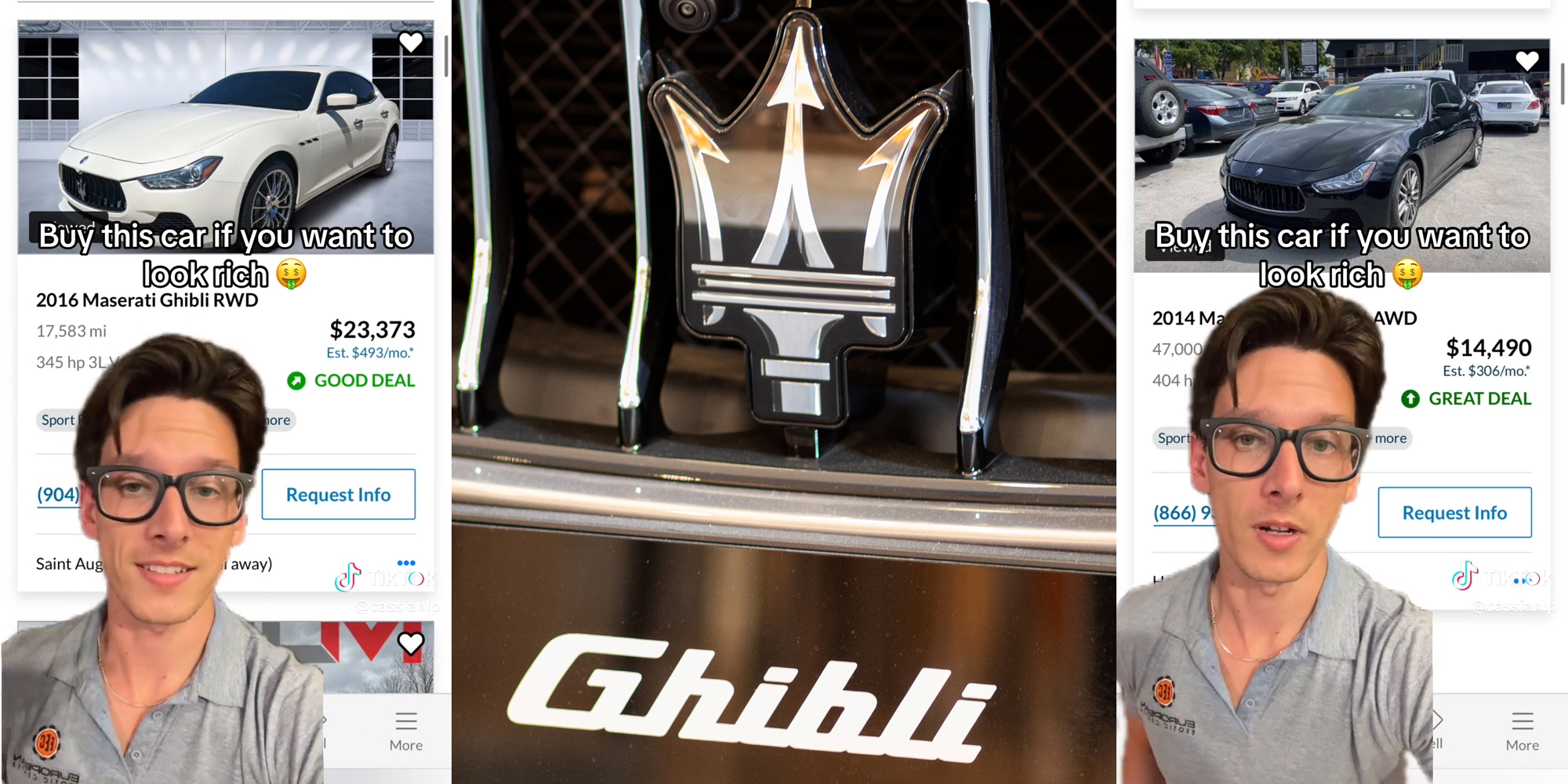 young man with Maserati listing (l&r) Maserati Ghibli logo (c)