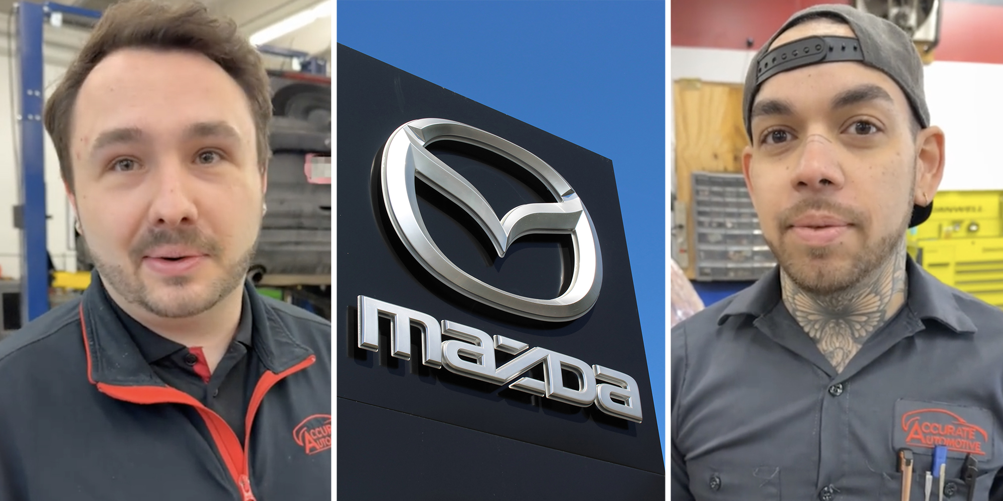 Mechanic 1 talking(l), Mazda sign(c), Mechanic 2 talking(r)