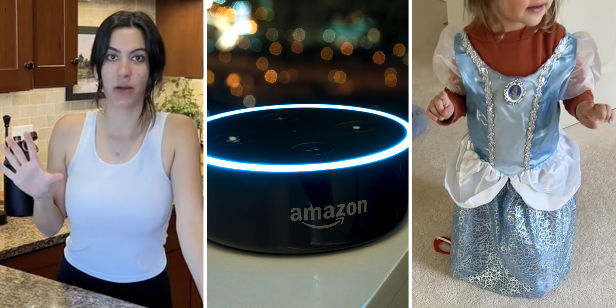Woman talking(l), Amazon alexa(c), Little girl in cinderella dress(r)