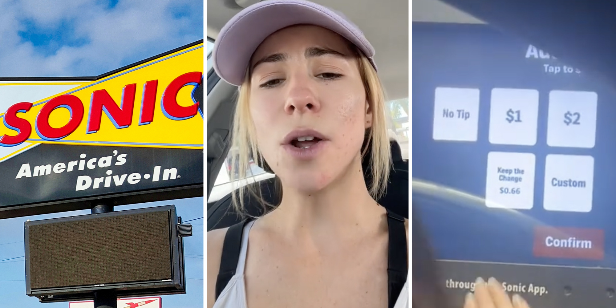 Sonic sign(l), Woman talking(c), Drive thru tip screen(r)