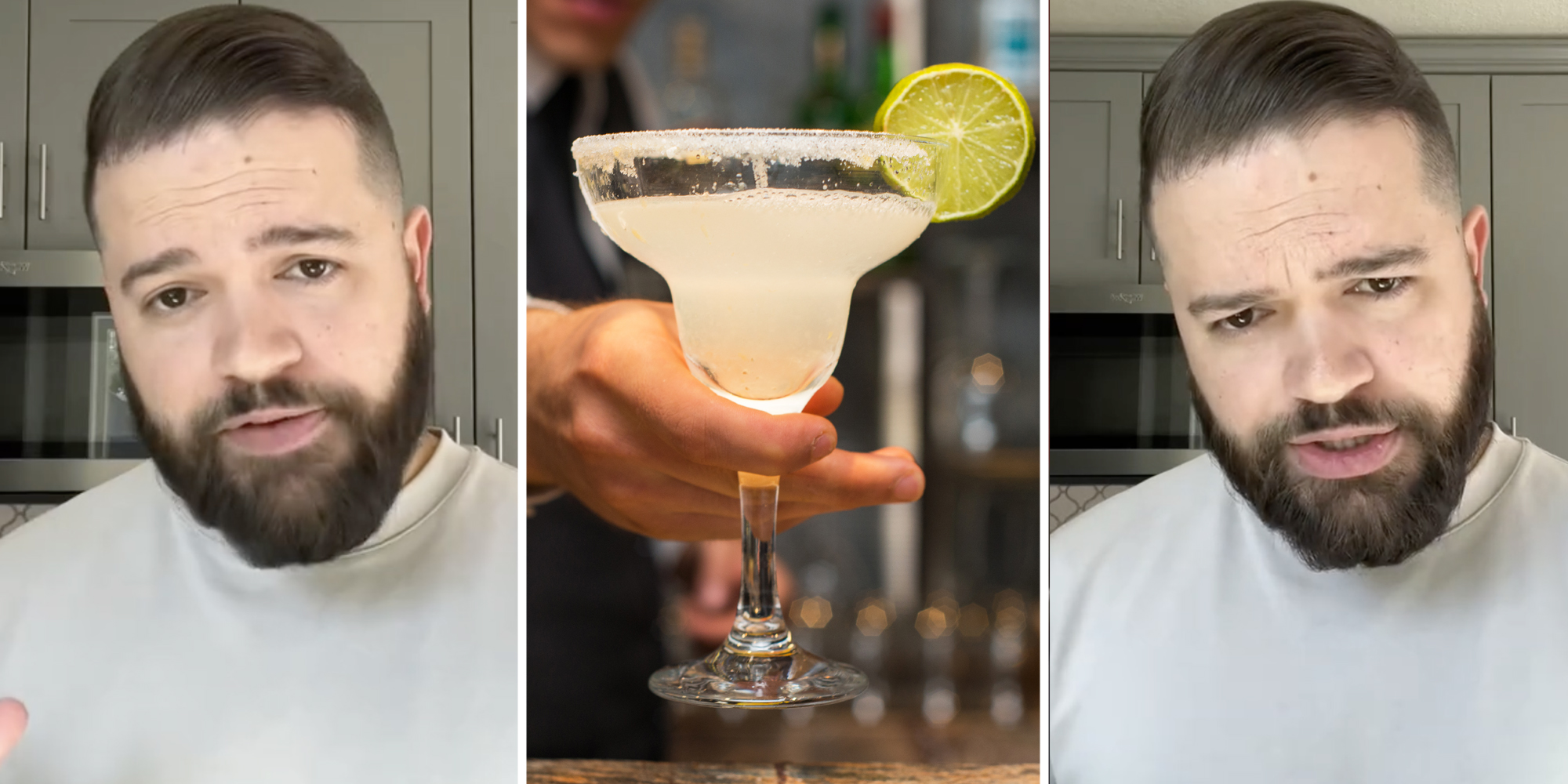 Man talking(l+r), Bartender hand offering margarita with lime(c)