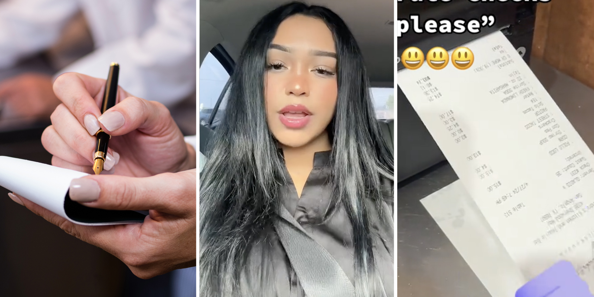 Hand writing down orders(l), Woman talking(c), Receipt being printed(r)