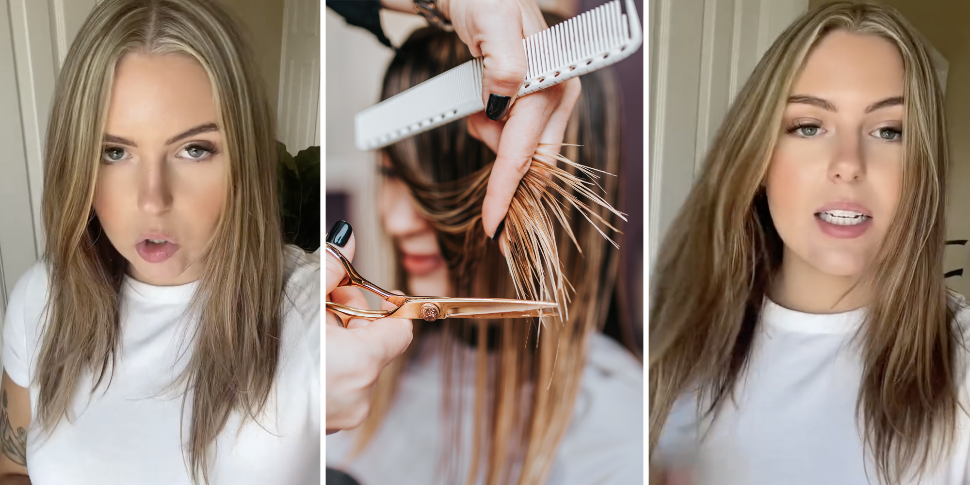 Woman talking(l+r), Woman getting her hair combed and cut(c)