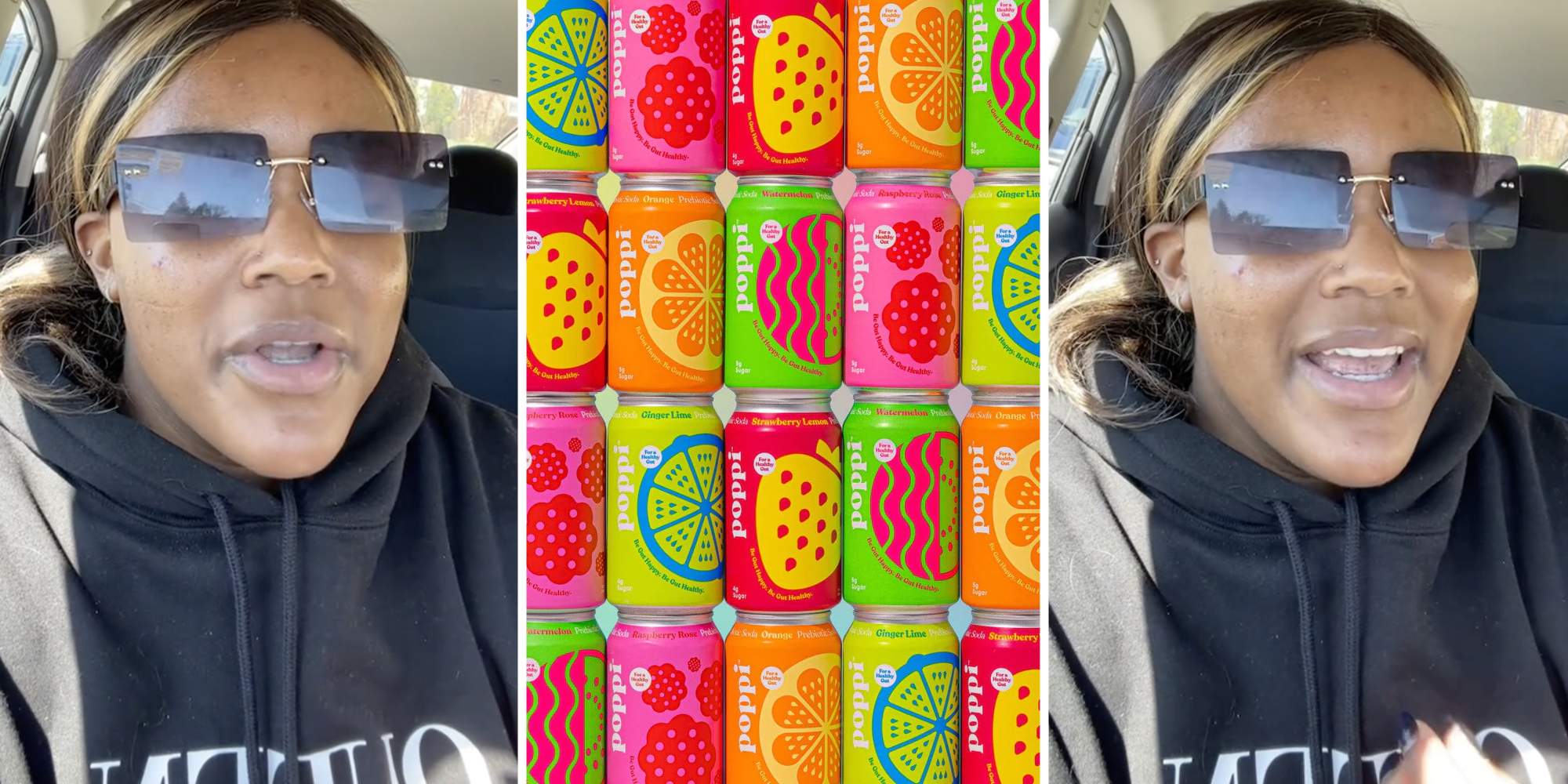 Woman talking(l+r), Poppi Soda cans(c)