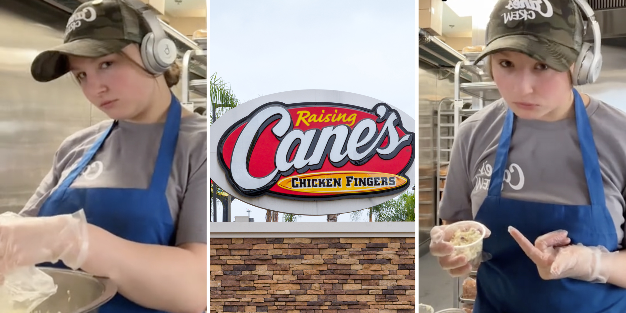 Person making coleslaw(l+r), Raising Cane's sign(c)