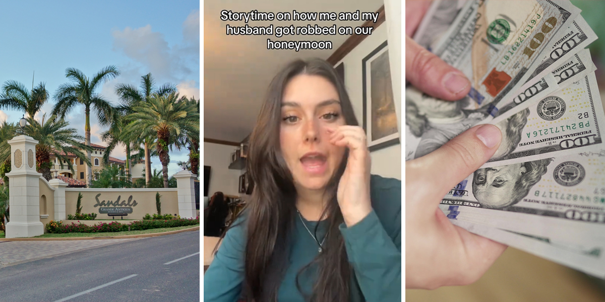 Sandals resort (l) woman speaking with caption "Storytime on how me and my husband got robbed on our honeymoon" (c) hands holding cash (r)