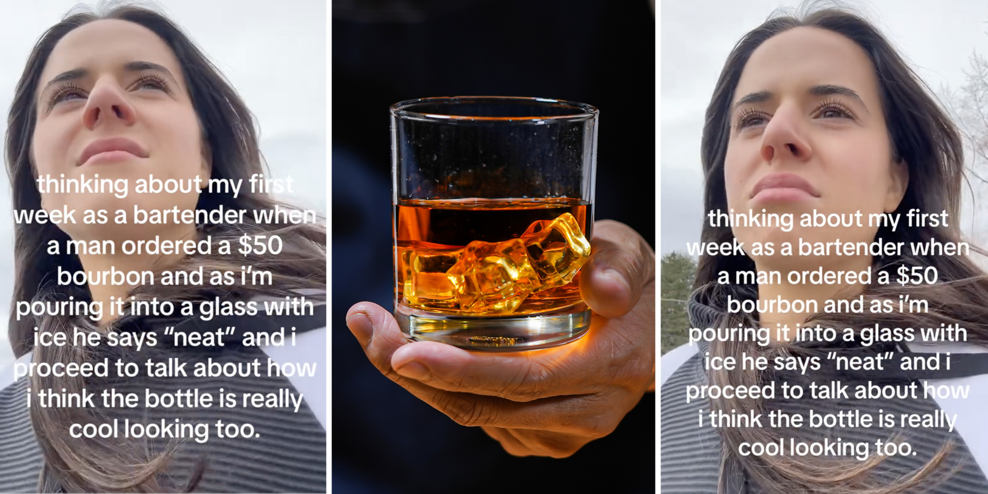 Woman walking with text(l+r), Hand holding class of liquor with ice(c)