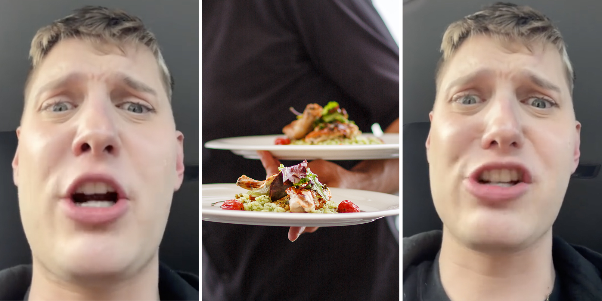 Man talking(l+r), Server's arm with two dishes(c)