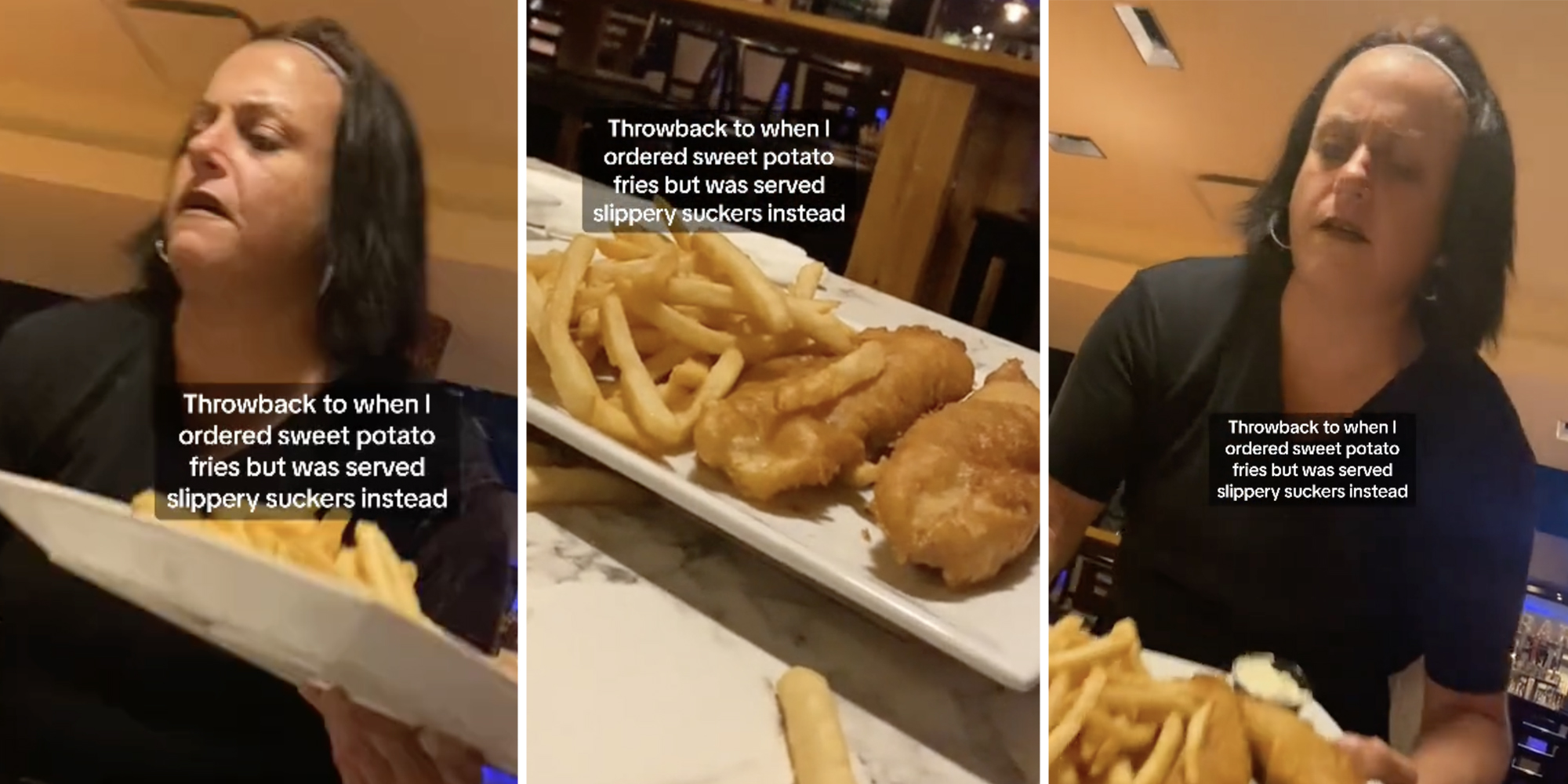 Server with plate(l+r), Plate of fish and chips(c)