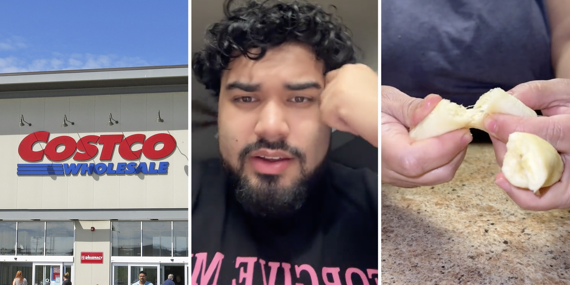 Costco storefront(l), Man talking(c), Hands holding bananas(r)
