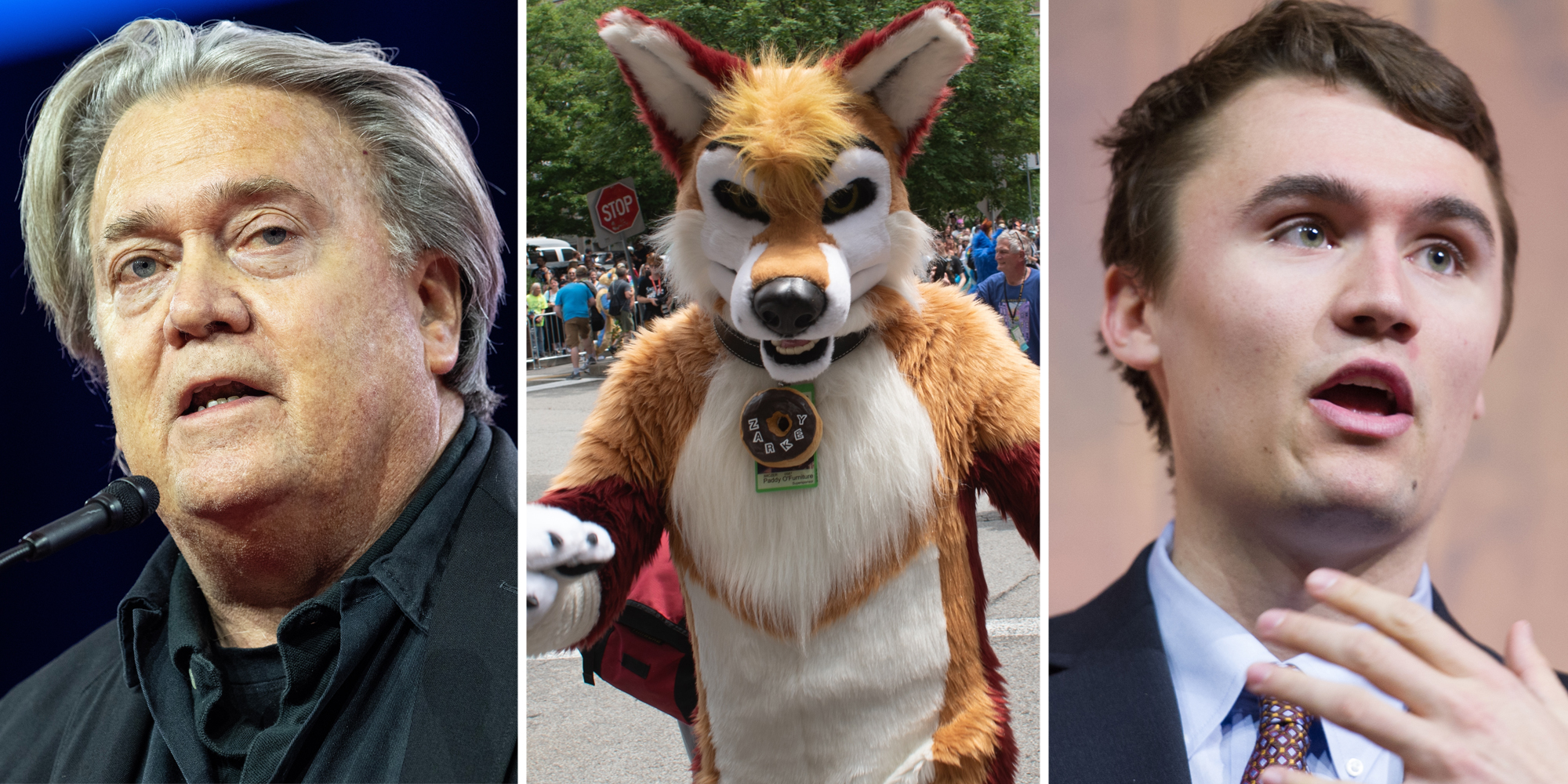 Steve Bannon(l), Furry(c), Charlie Kirk(r)