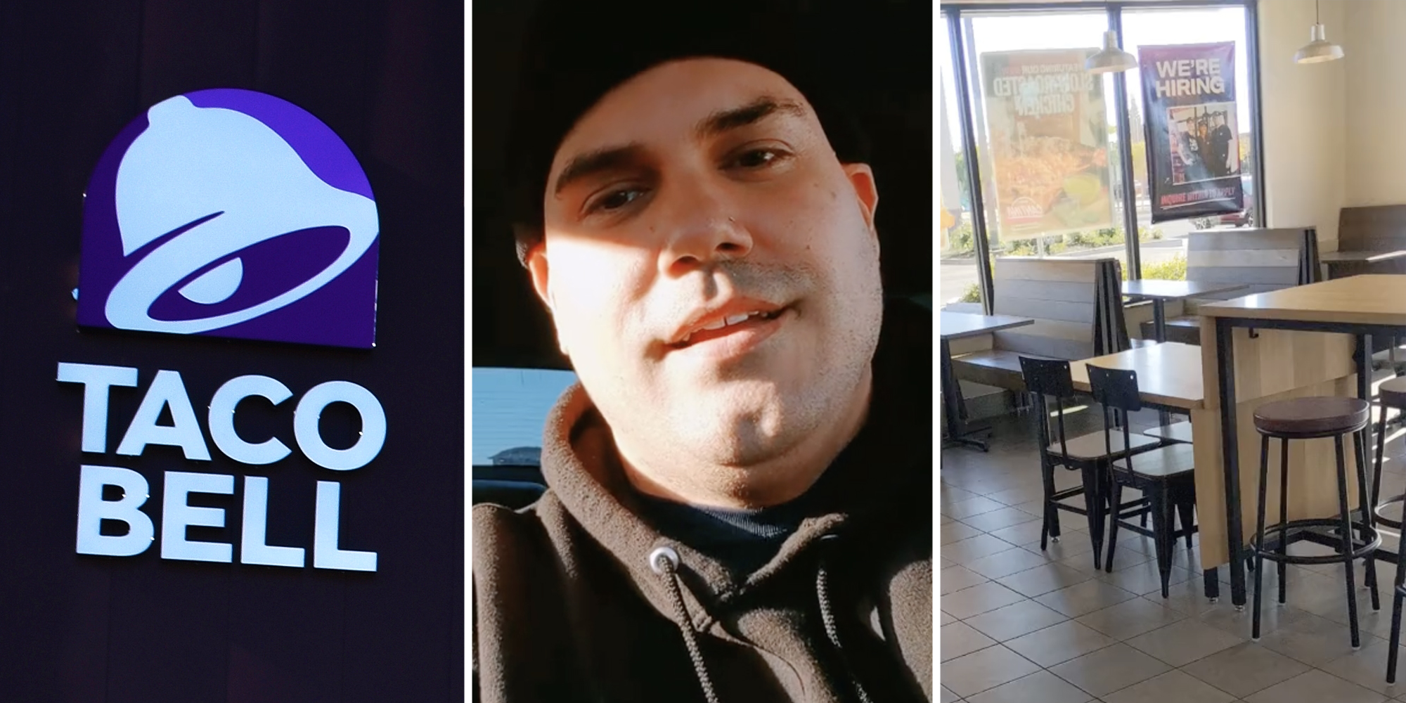 Taco Bell sign(l), Man talking(c), Taco Bell interior(r)