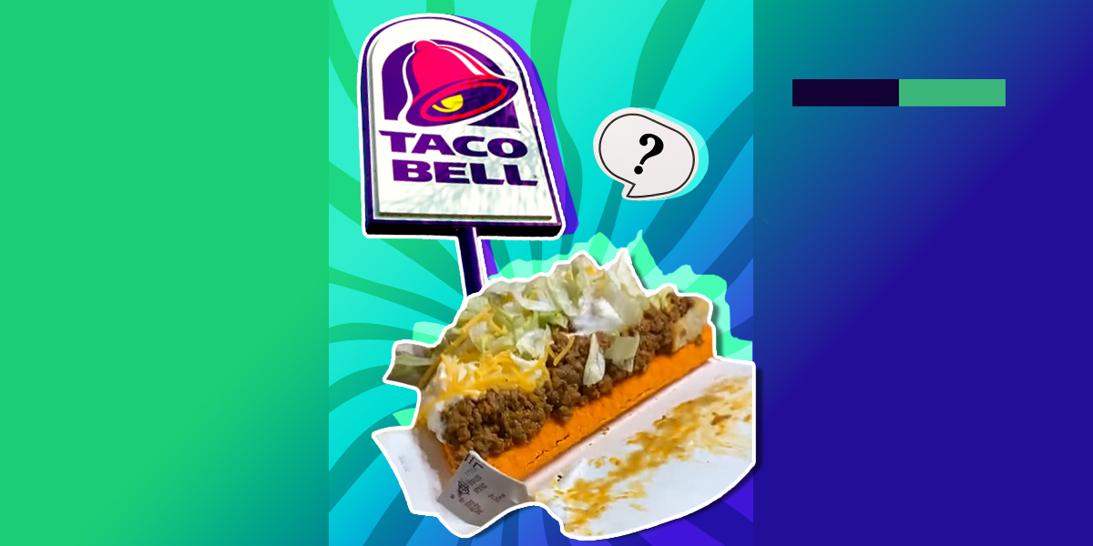Taco Bell sign and taco over green and blue background