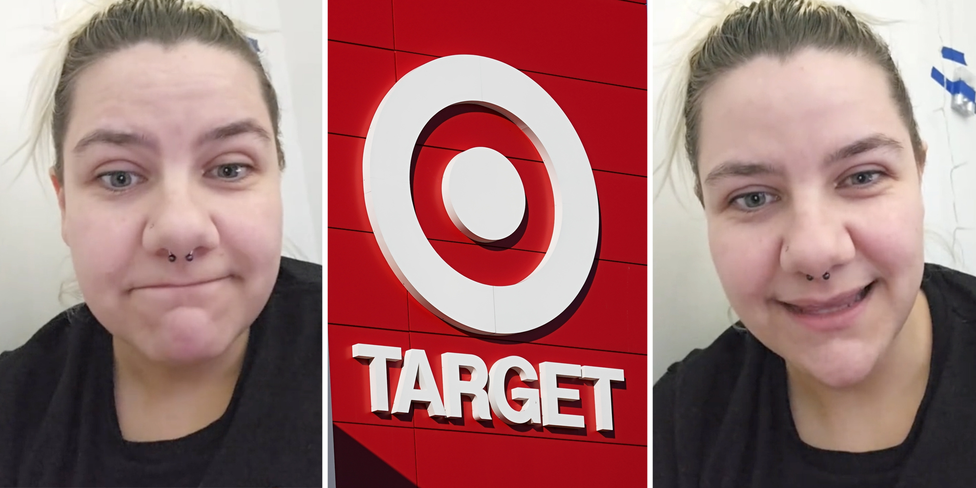Woman talking(l+r), Target sign(c)