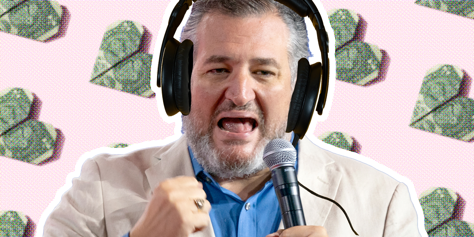 Ted Cruz with microphone and headphones with follar hearts in the background