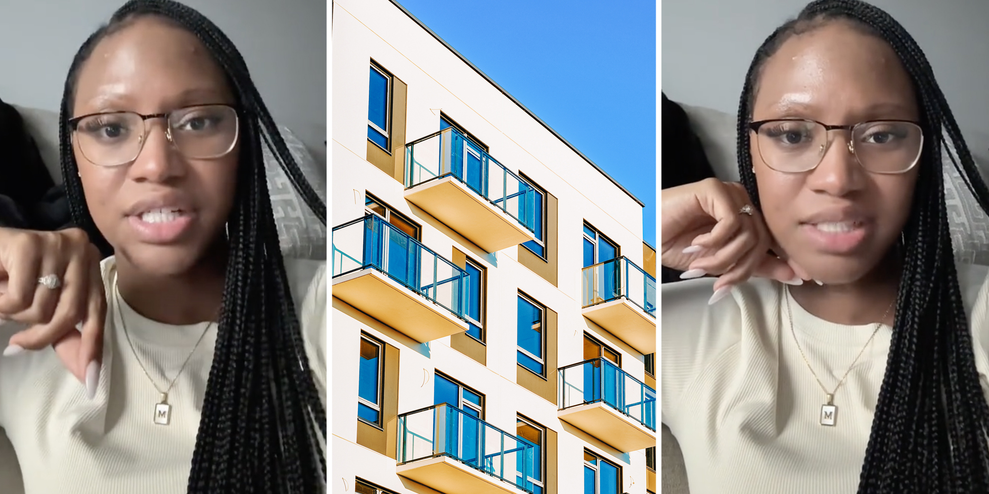 Woman talking(l+r), Apartment buildings(c)