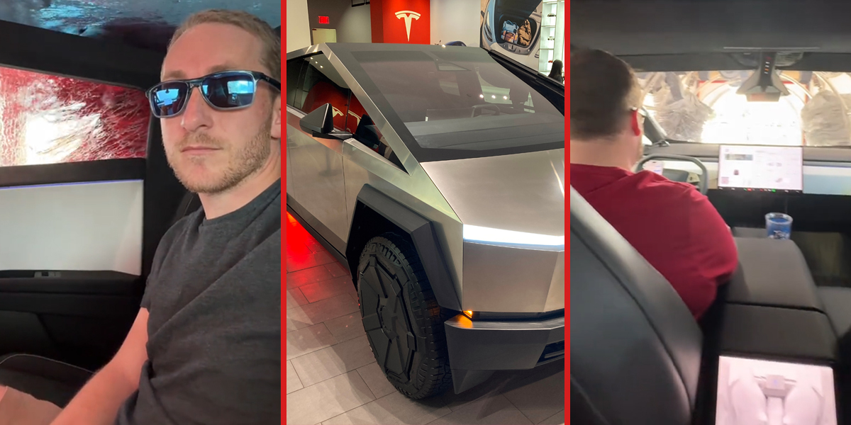 man in Tesla at carwash (l) Tesla Cyber truck (c) man in Tesla at carwash (r)