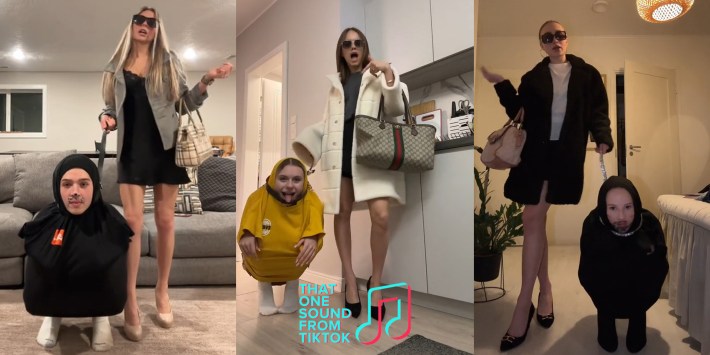 woman and friend dressed as dog (l) woman and friend dressed as dog with THAT ONE SOUND FROM TIKTOK logo (c) woman and friend dressed as dog (r)