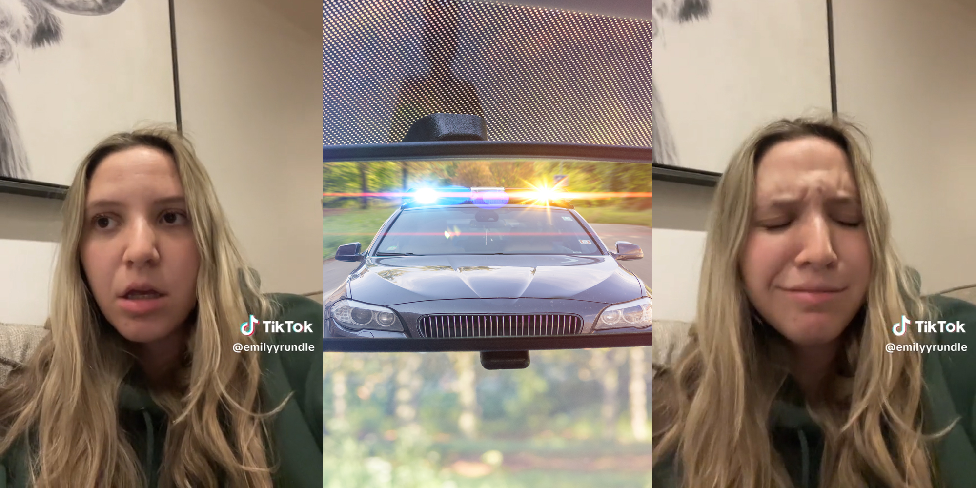 young woman (l&r) police car in rear view mirror (c)