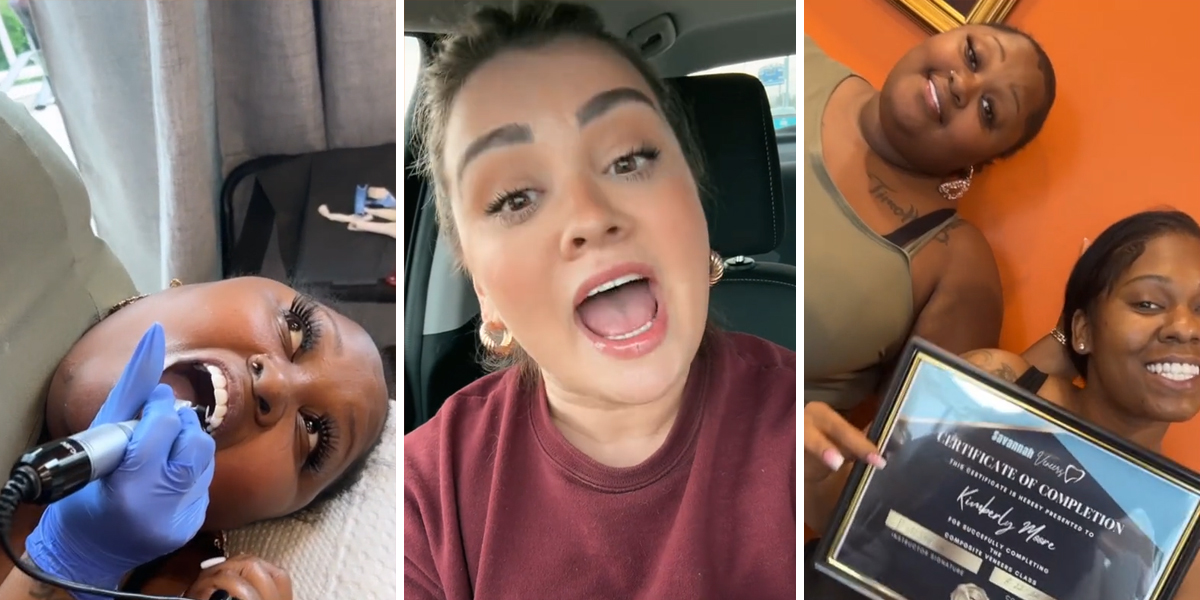 woman getting veneers (l) woman speaking in car (c) women smiling (r)