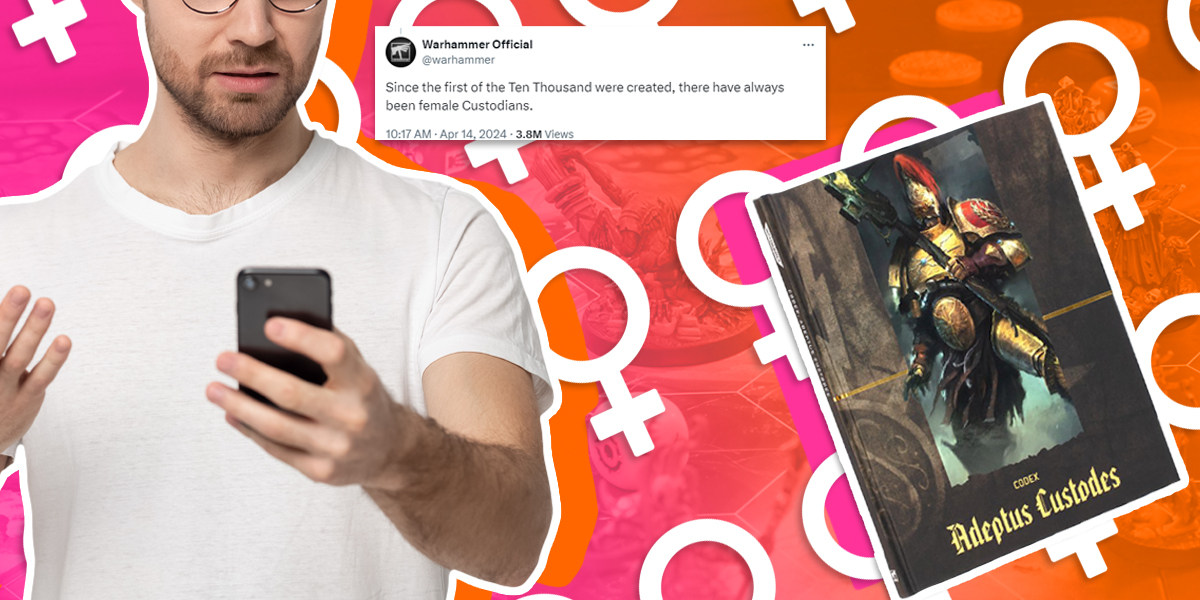 warhammer 40k adeptus custodes guide next to man on phone reading warhammer tweet about custodians being female with woman gender symbols in the background