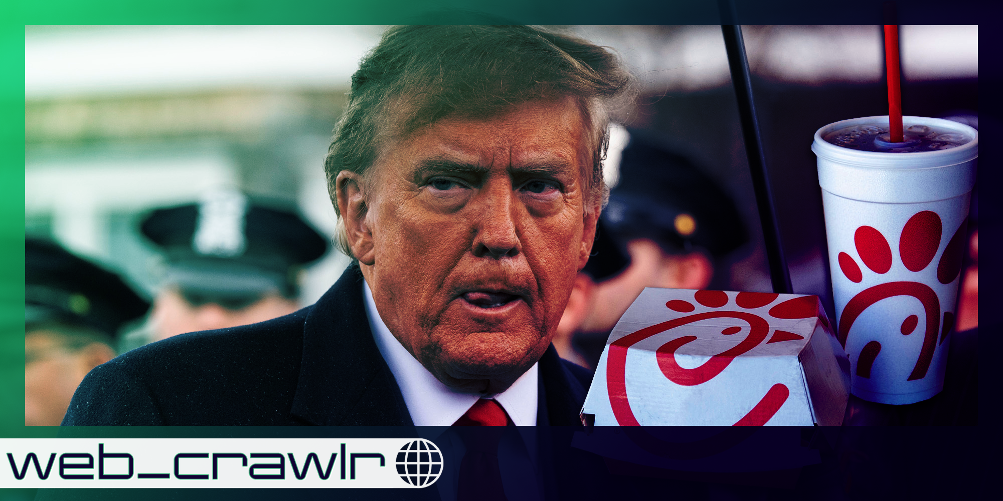 Former President Donald Trump licking his lips. A Chick-fil-A box and cup is next to him.