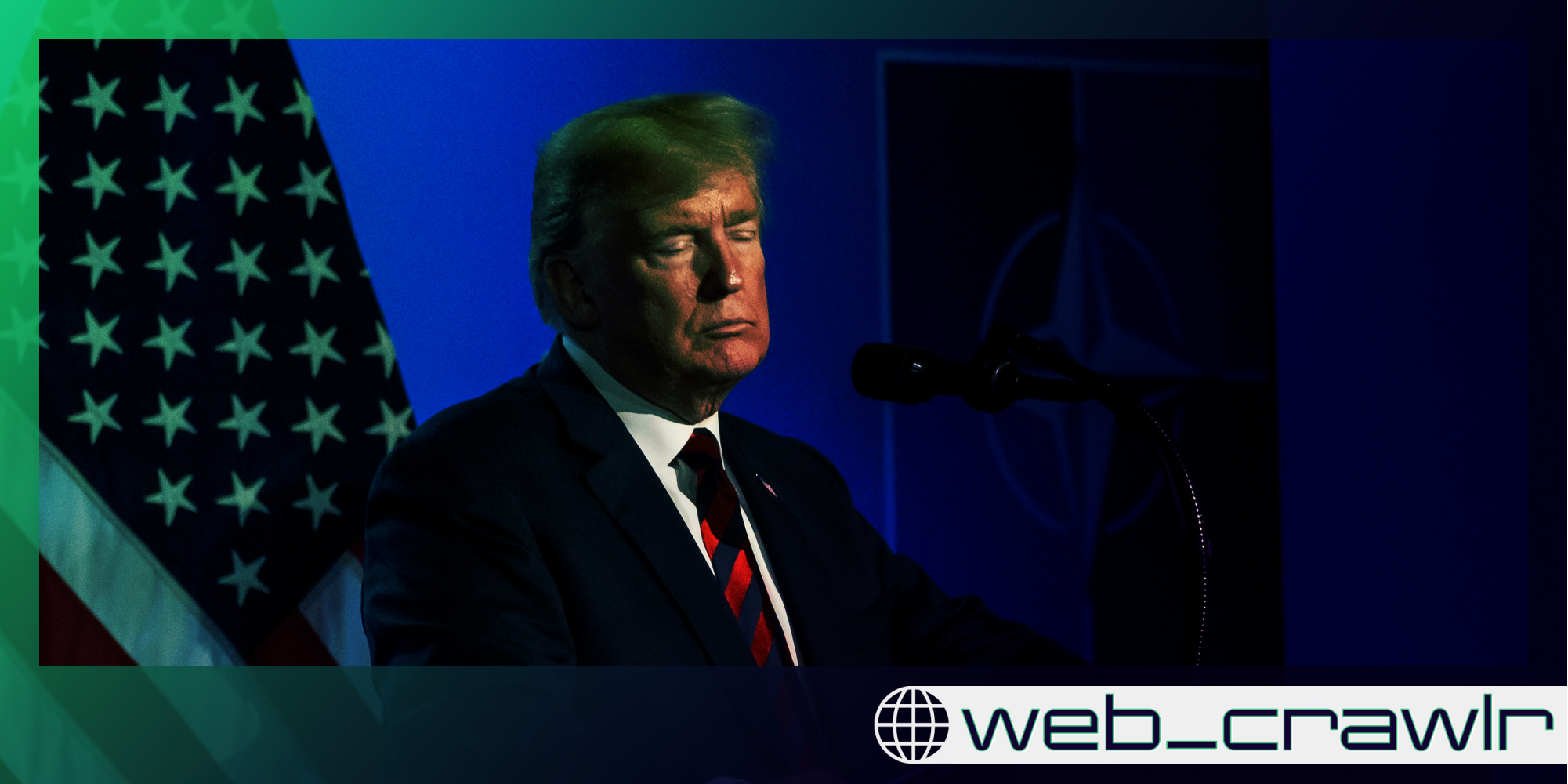 Former President Donald Trump with his eyes closed. The Daily Dot newsletter web_crawlr logo is in the bottom right corner.