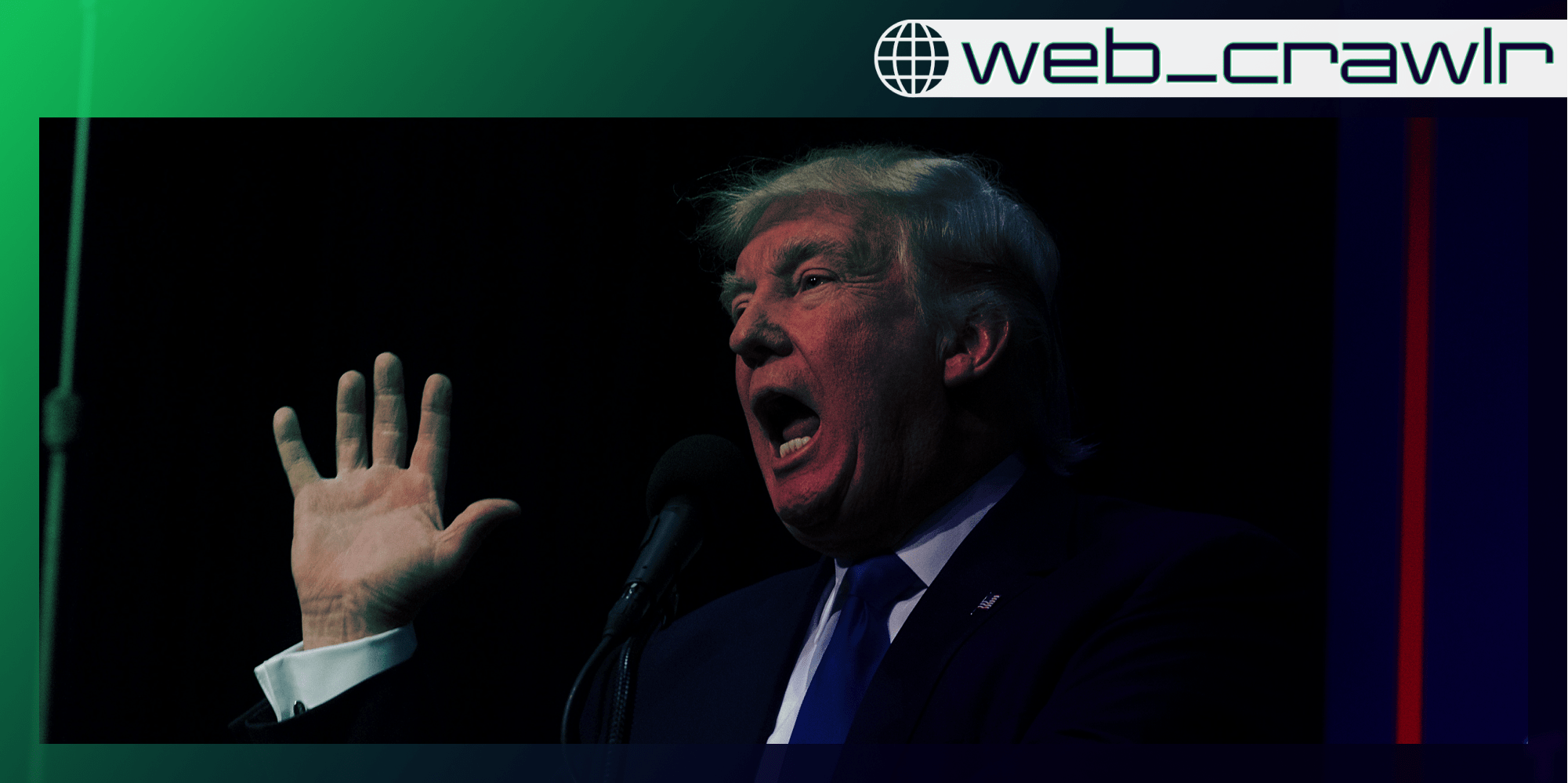 Donald Trump holding his hand up and yelling. The Daily Dot newsletter web_crawlr logo is in the top right corner.