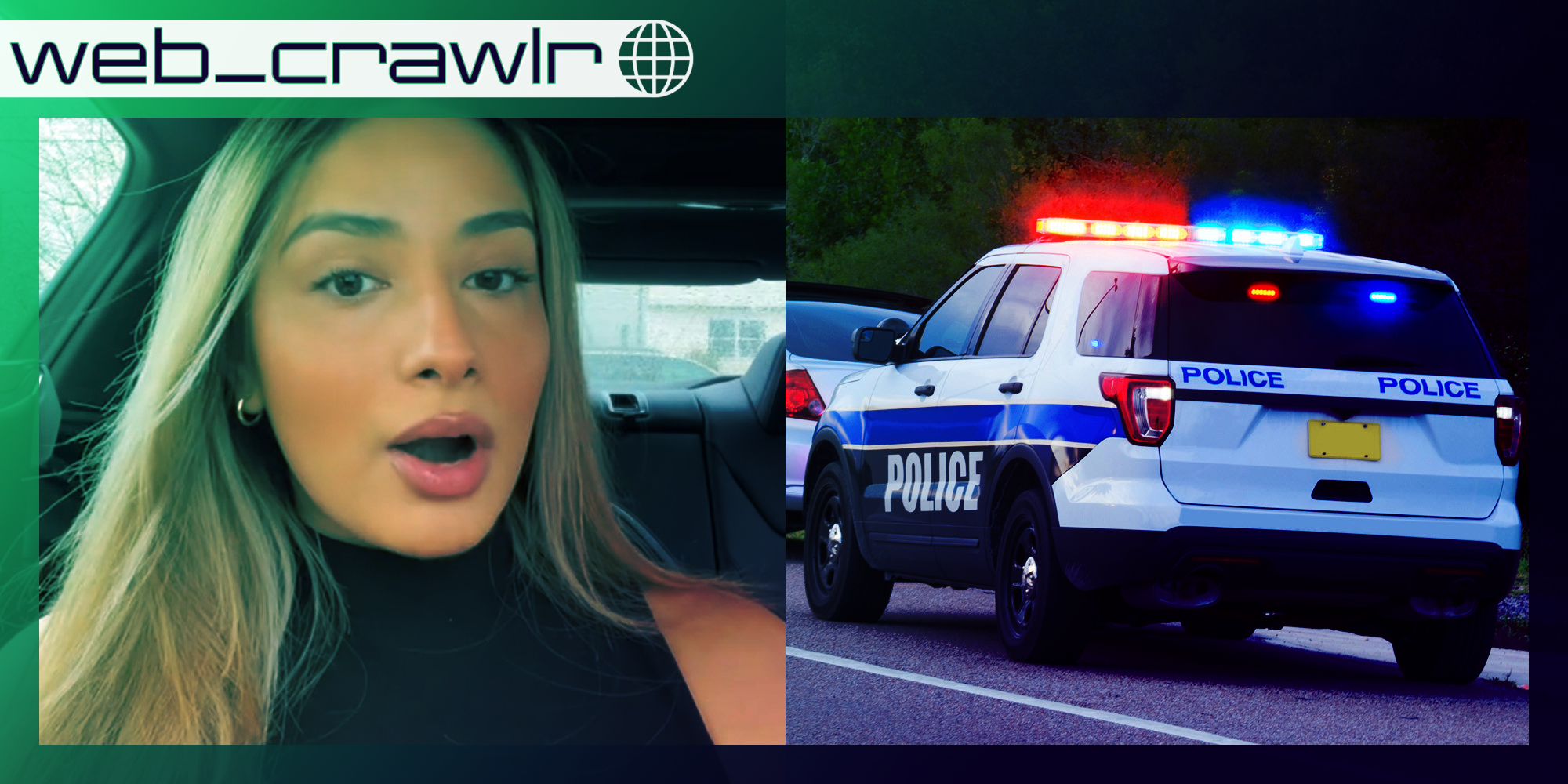 A woman looking at the camera. Next to that is a police car.