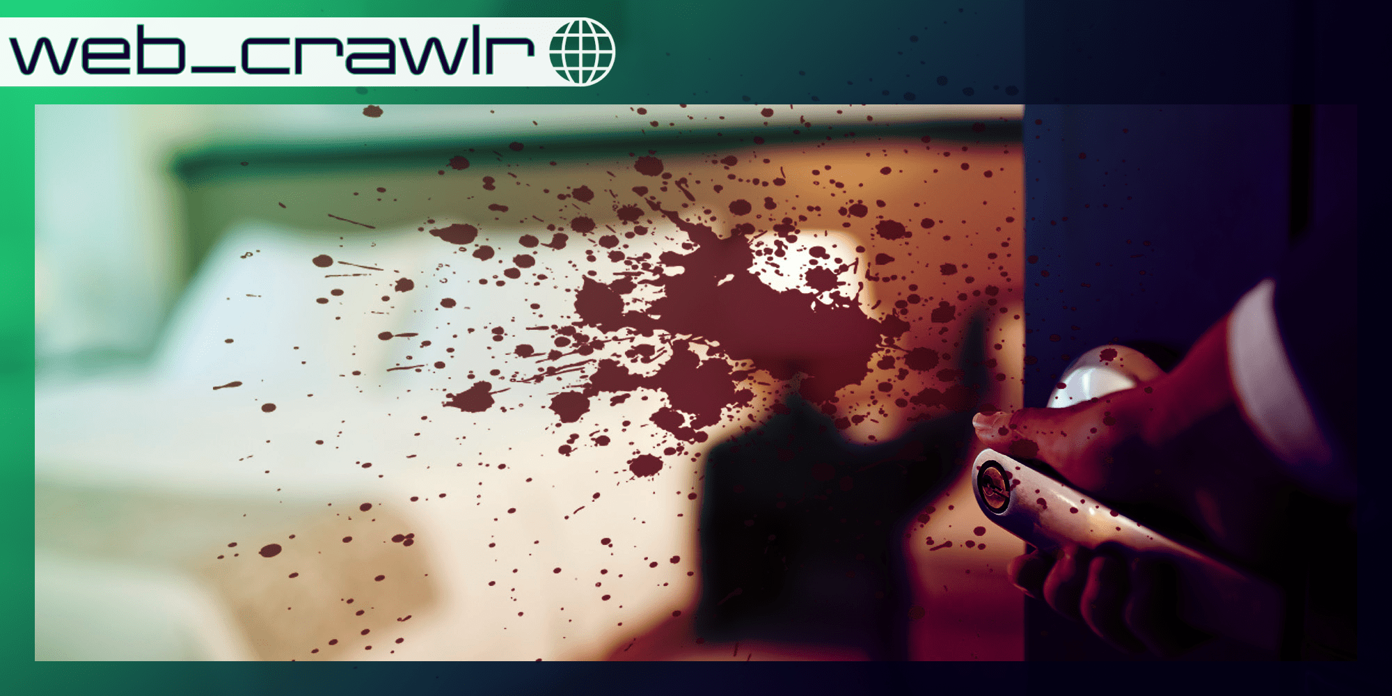 A hotel room with a blood splatter on top of it. The Daily Dot newsletter web_crawlr logo is in the top left corner.