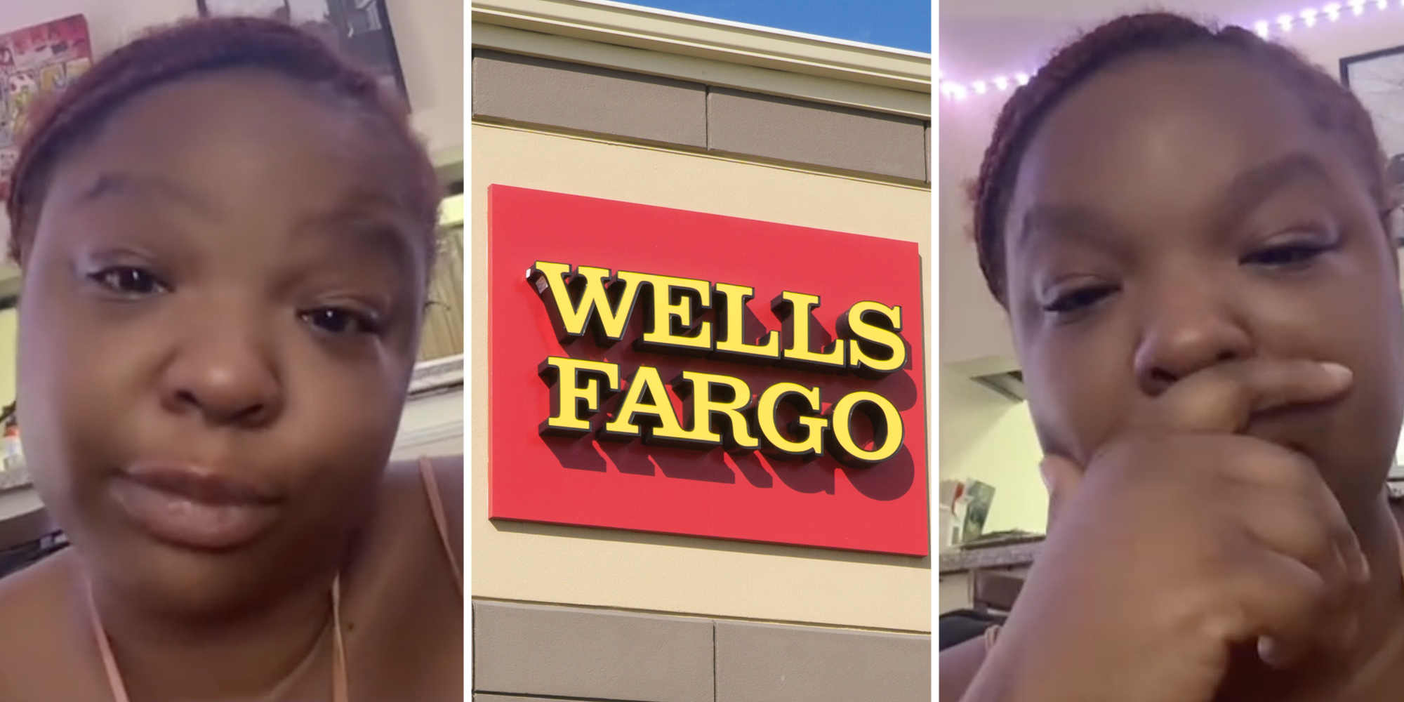 Woman talking and looking upset(l+r), Wells Fargo (c)