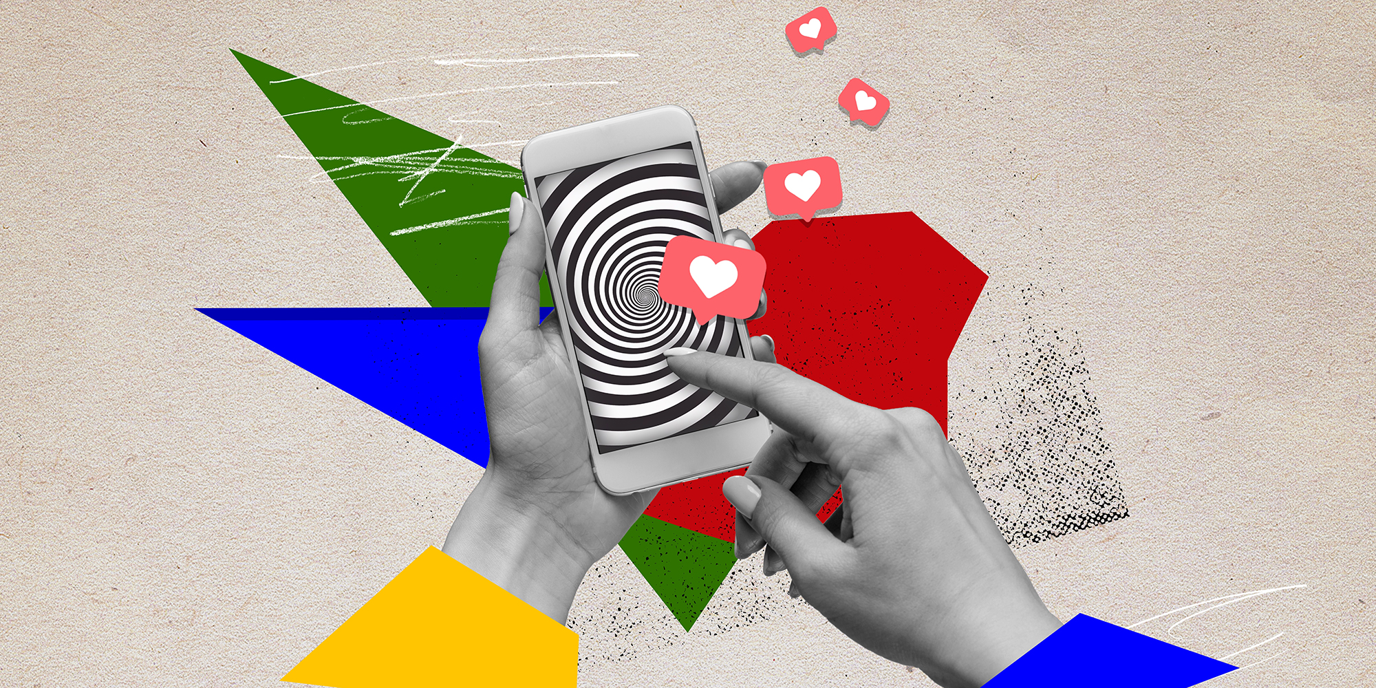 Hands holding phone with swirl and likes and abstract background