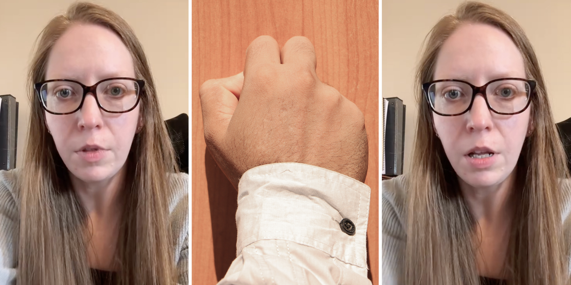 Woman talking(l+r), Hand knocking on door(c)