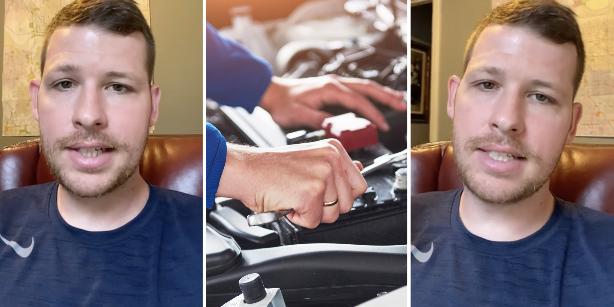 Man talking(L+r), Mechanic working on engine(c)