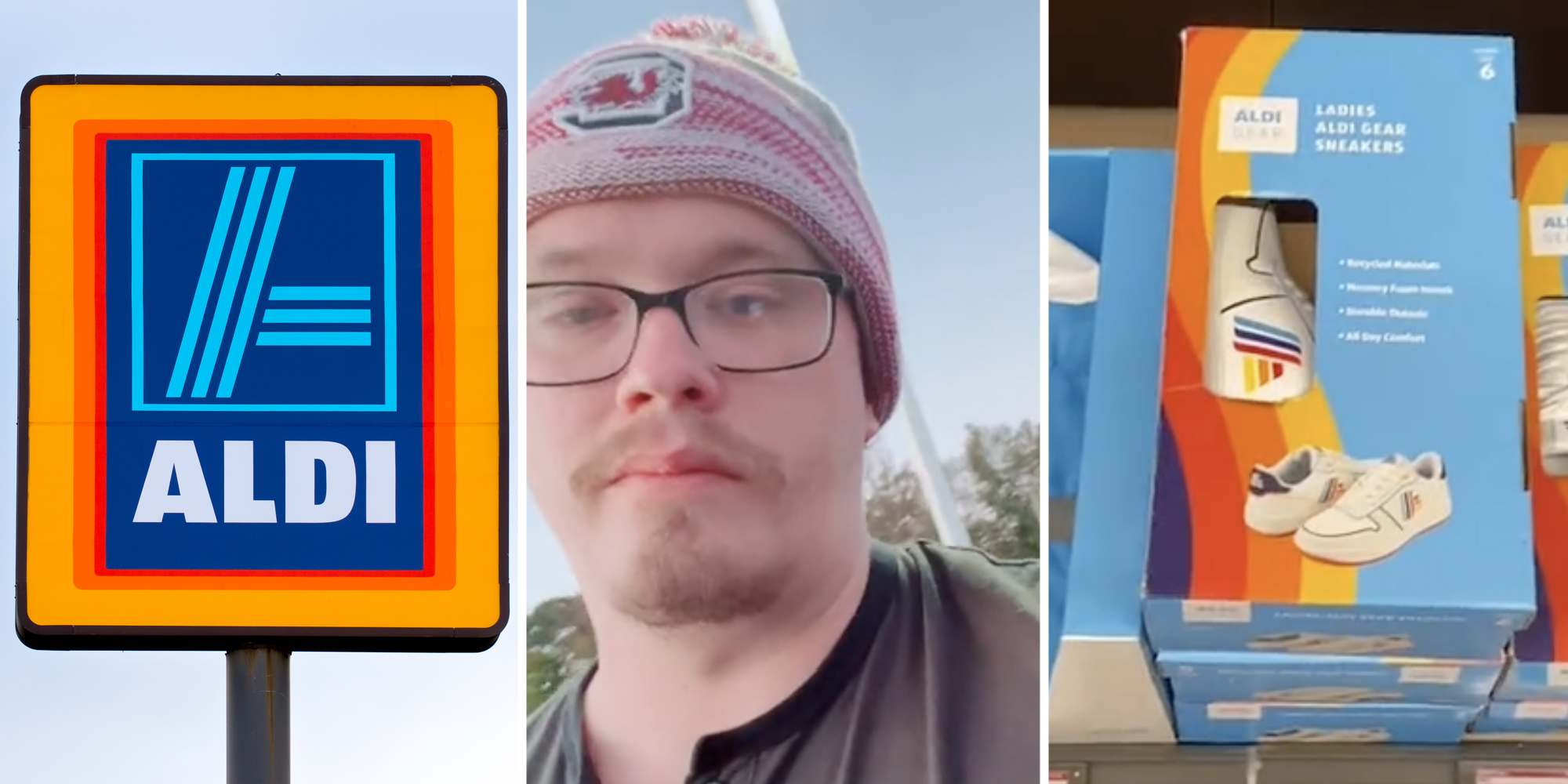 Aldi sign(l), Man (c), Aldi sneakers(r)