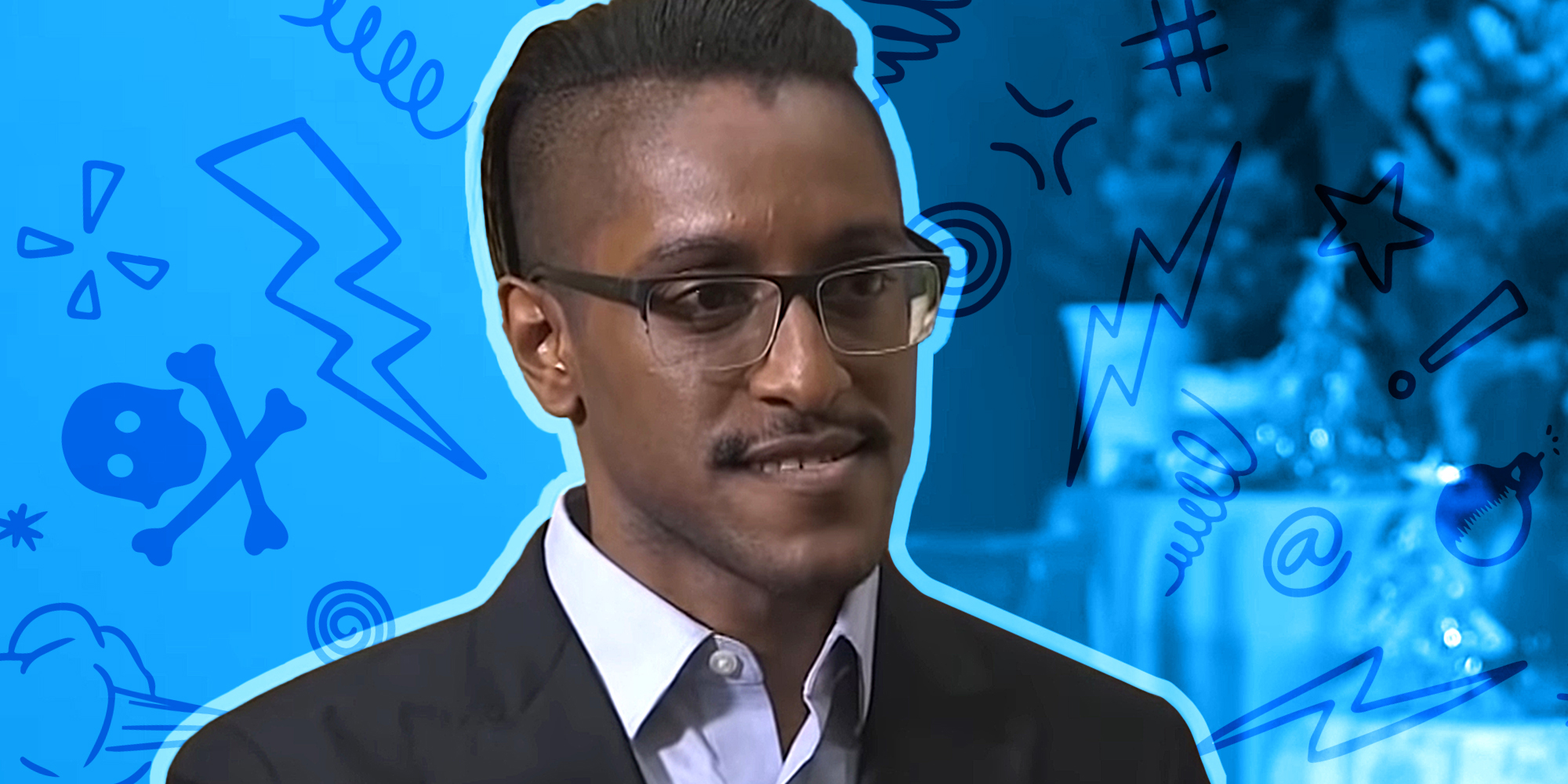 Ali Alexander with cartoon elements in background