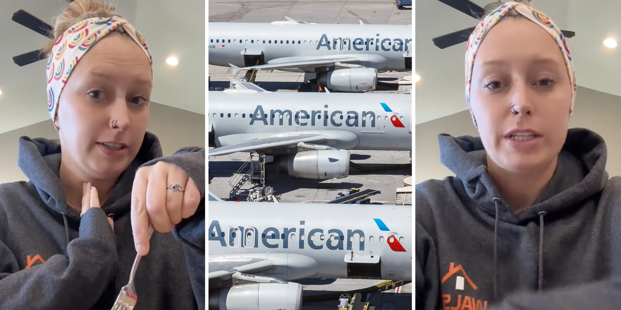 Woman talking(l+r), American Airlines planes(c)