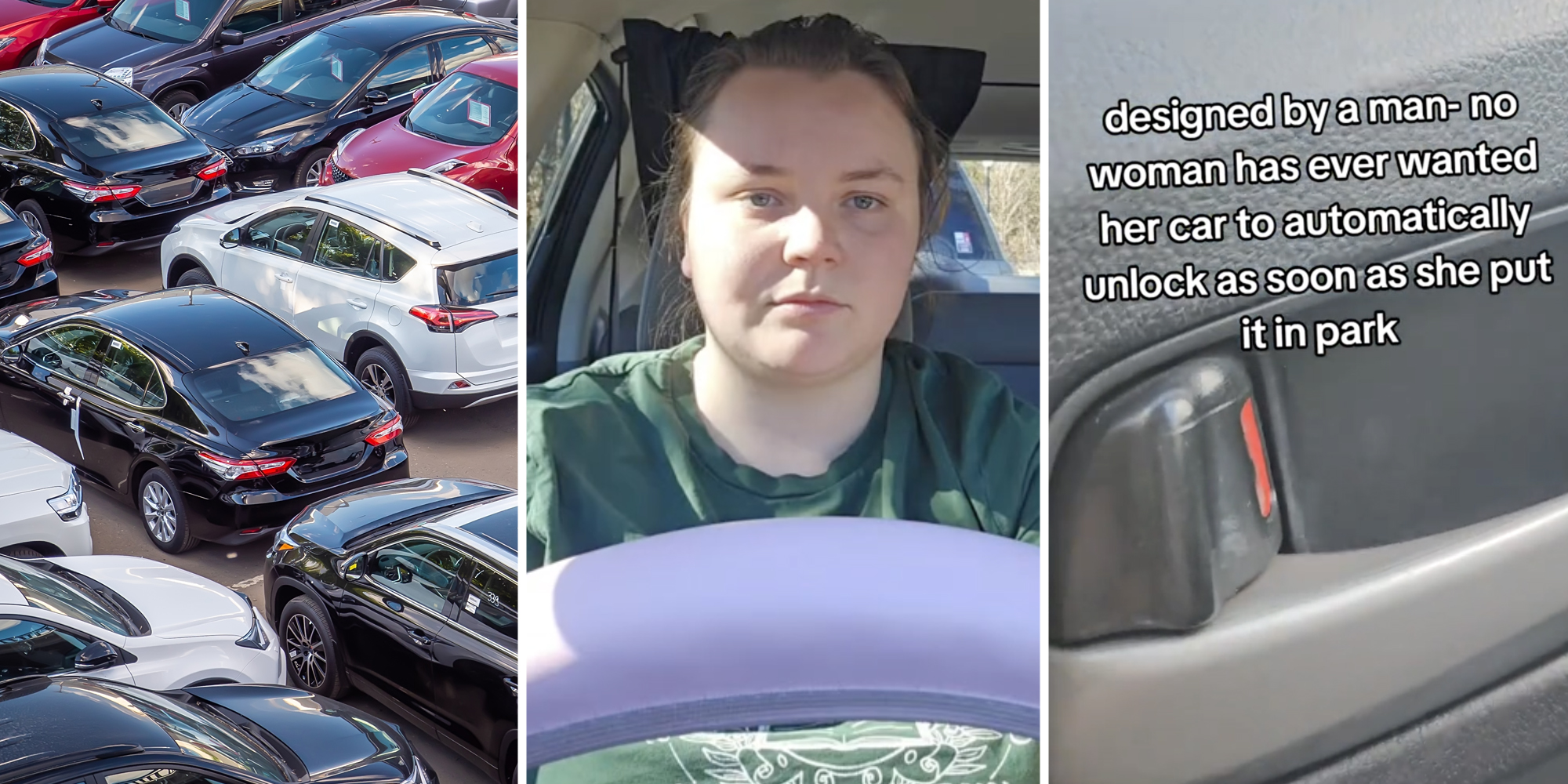 Cars in the lot(l), Woman at steering wheel(c), Car lock(r)